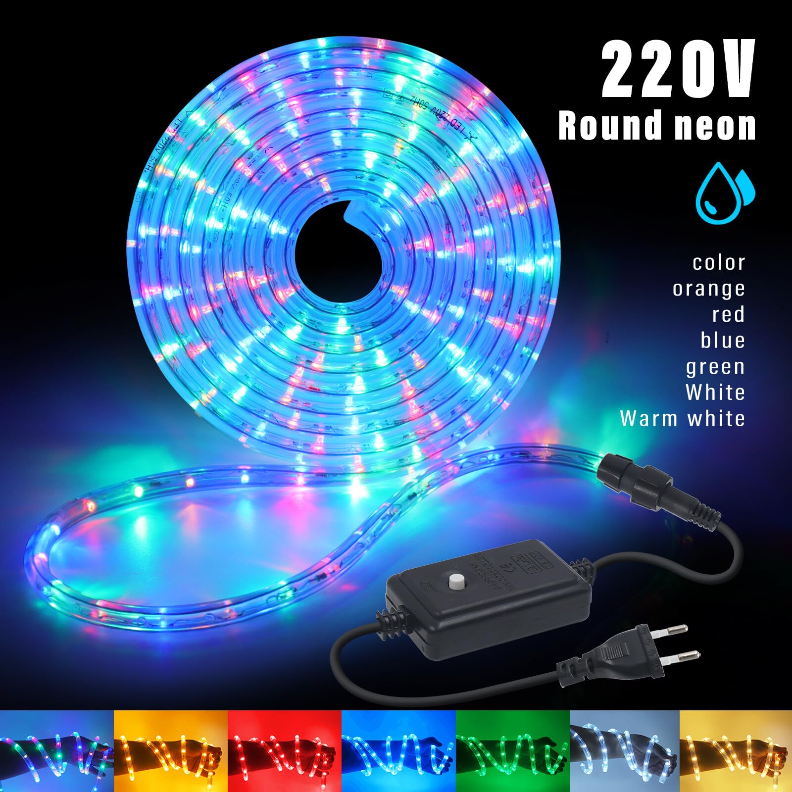 10M LED Tubo de Luz, 8 Modalidades，220V Exterior e Interior Tira de Luz con Manguera, Verde, para Decoración e Iluminación Halloween, Boda, Fiesta, Navidad