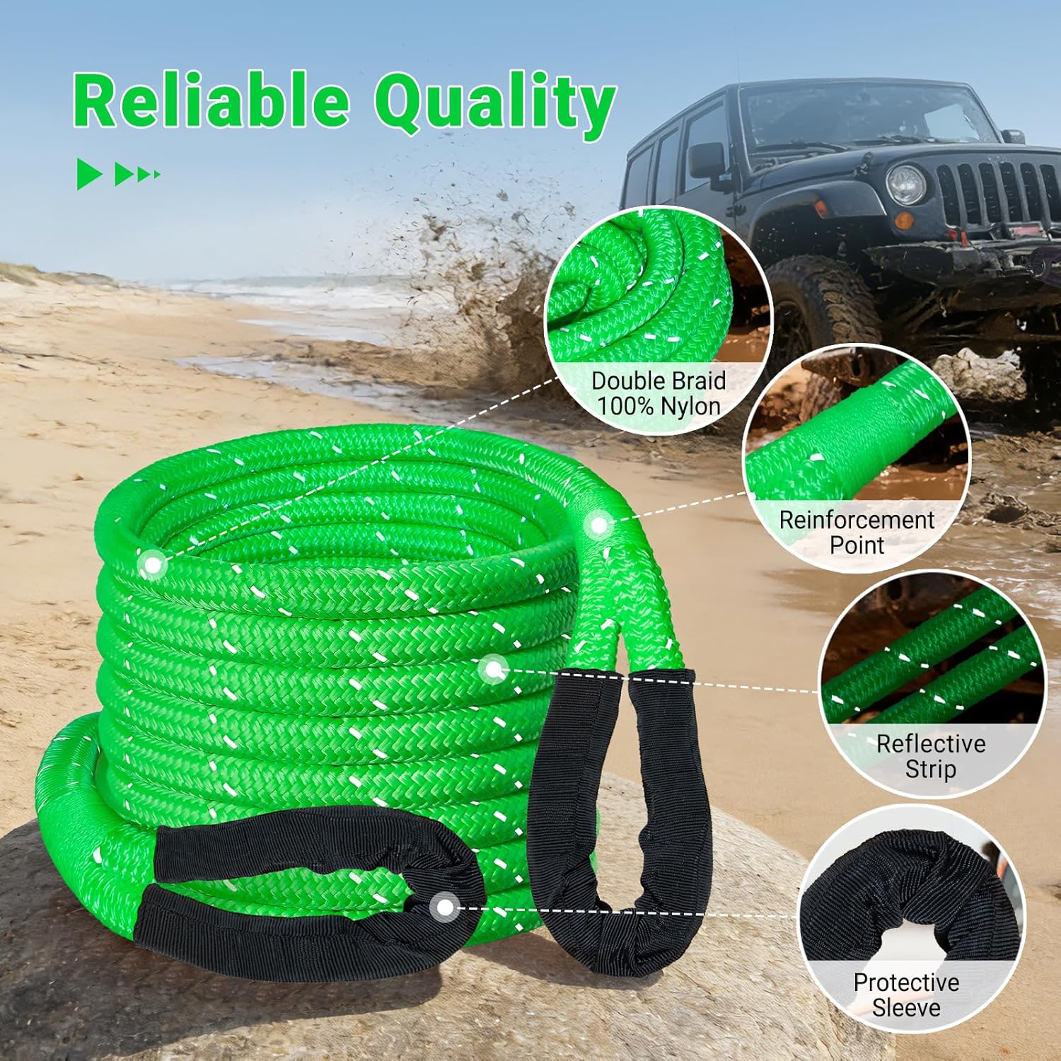 Kinetic Recovery Tow Rope 5/8" x 20ft, 38000lbs Snatch Strap,Heavy Duty Stretch Nylon Towing Ropes with 2pcs Soft Shackles for Offroad Vehicle,Jeep, SUV, ATV, UTV