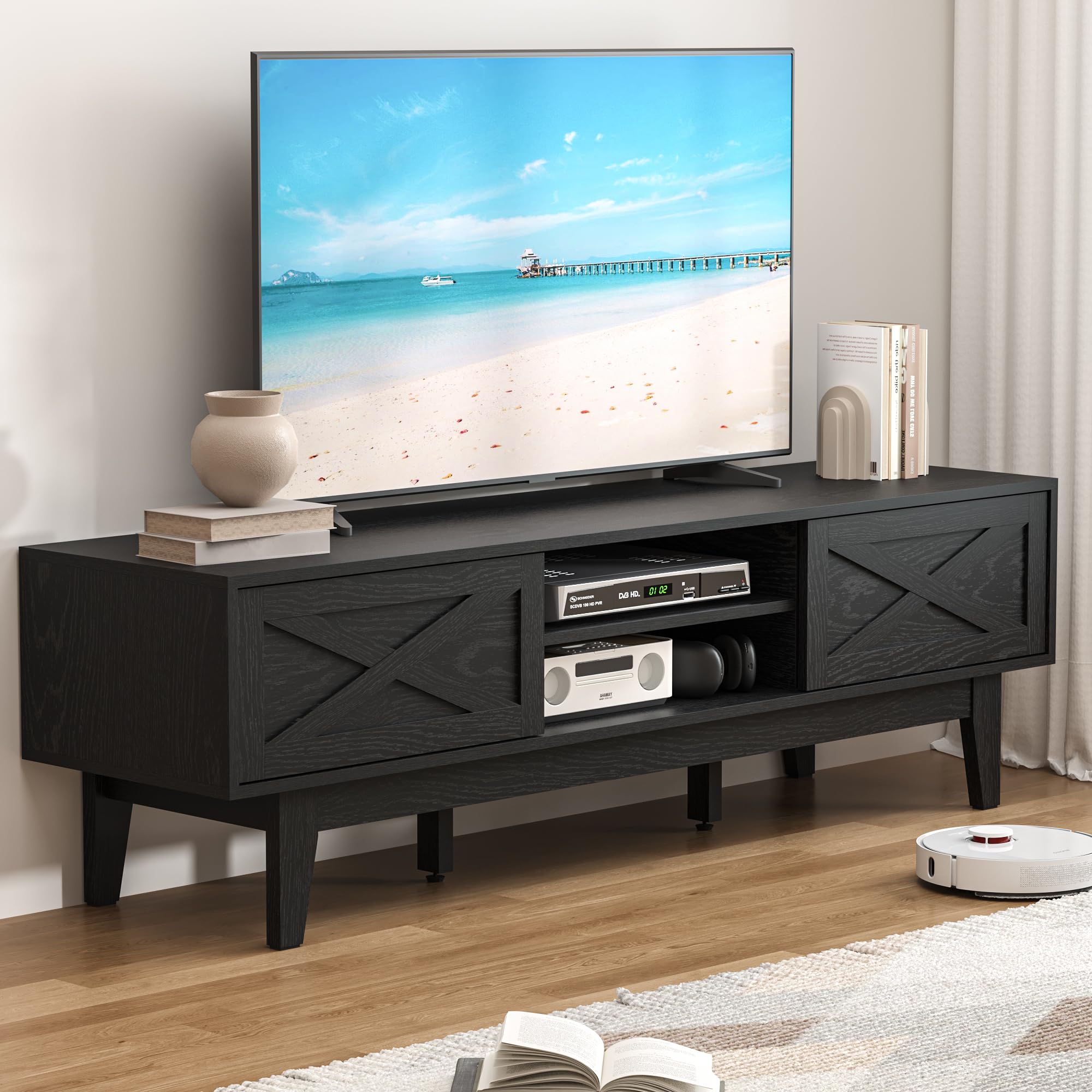 BORNOON TV Stand for 65 Inch TV, Farmhouse Entertainment Center TV Console Table with Storage, Sliding Barn Door Media Console, Wood TV Cabinet for