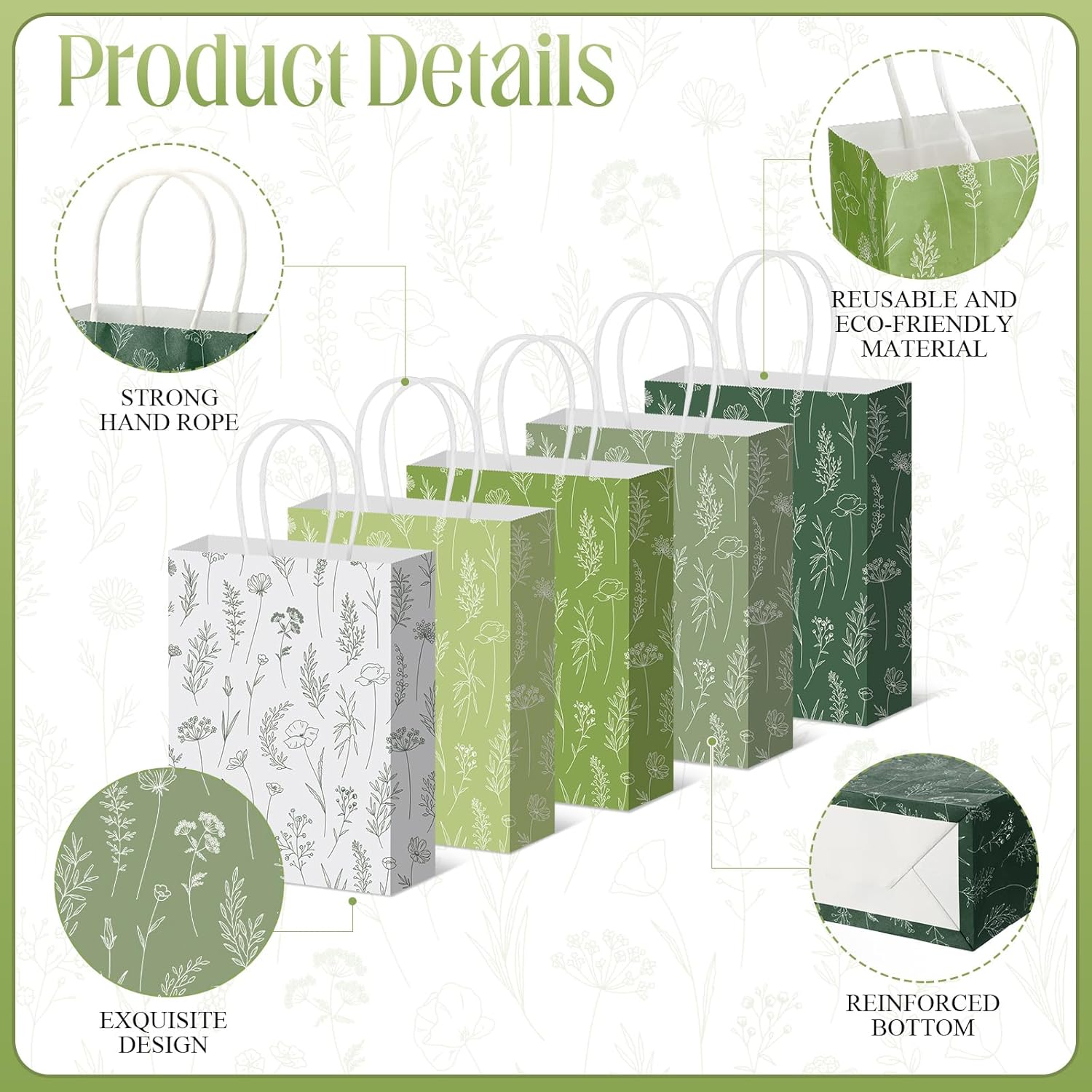 Kolldenn 50 Pcs Sage Green Wildflower Gift Bags with Handles Paper Floral Goodie Welcome Bag for Wedding Guest Baby Shower Bridal Birthday Party Favor, 5.91 x 3.15 x 8.27 Inches - Image 2