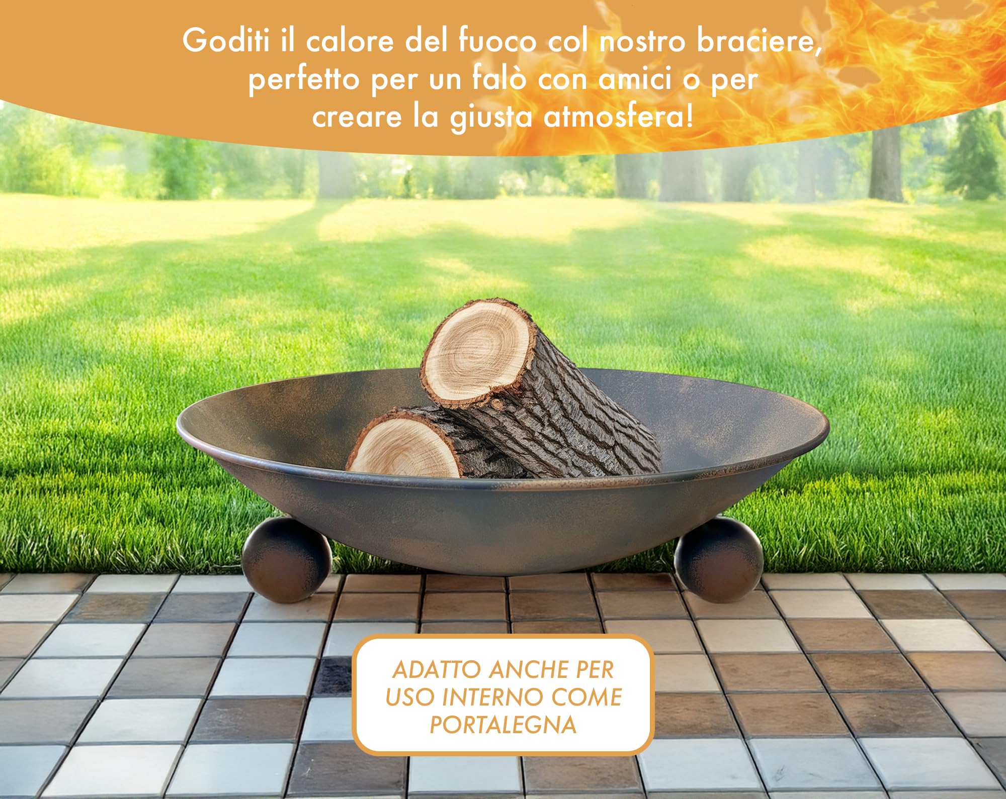 IlGruppone Braciere da Giardino Ø57 Cm Cesto da Fuoco Design Moderno Colore Ruggine con Fori Drenaggio
