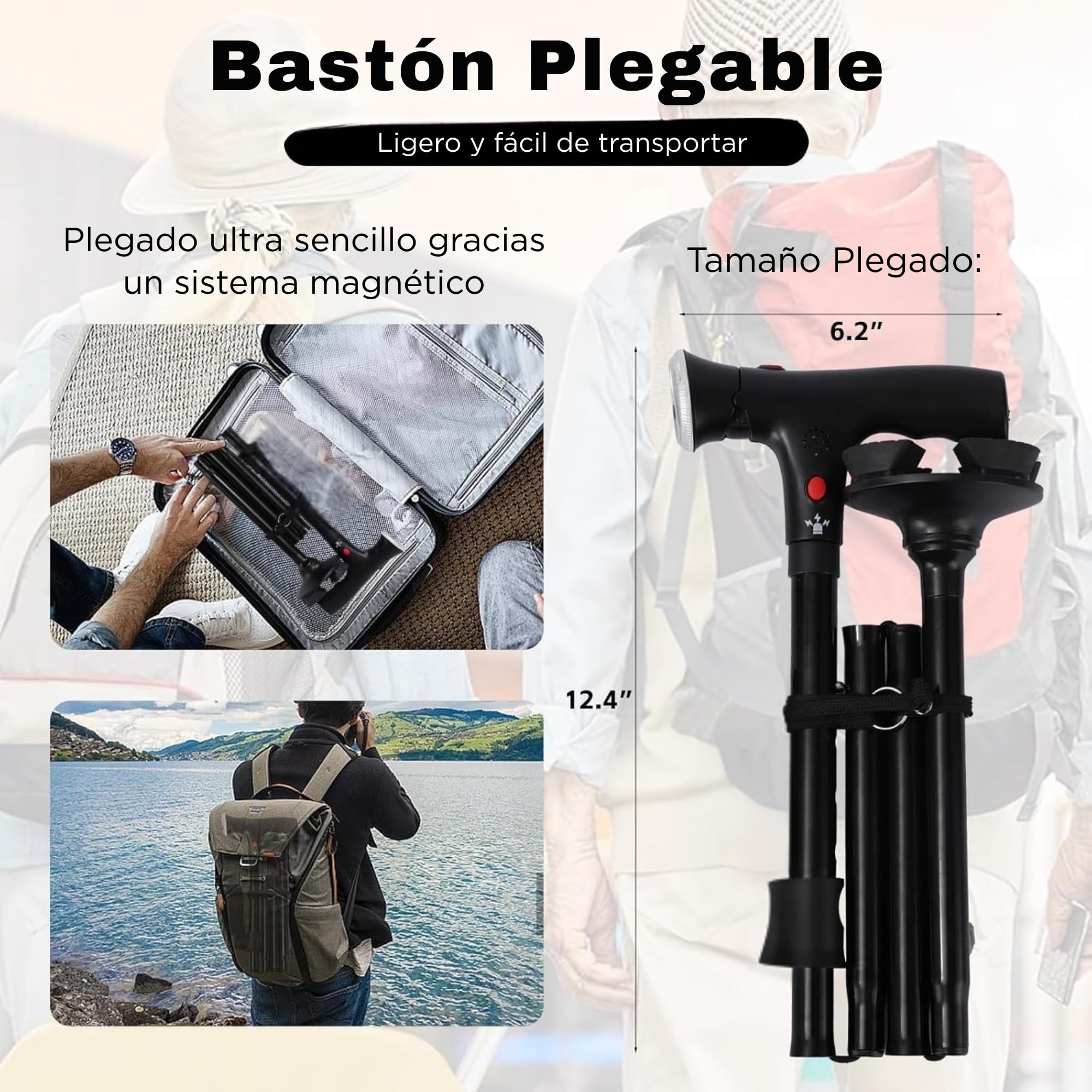 SMARTIA - Bastón Plegable con Alarma y Luz LED, Bastón para Mayores con Base Antideslizante y anticaidas, Altura Ajustable a 5 Niveles, Bastón para Mujer y Hombre, Materiales de 1ª Calidad