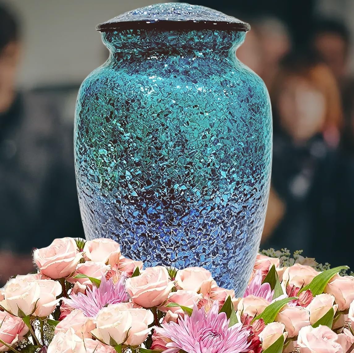 Mosaic Glass Cremation Urn - Hand Made Funeral Urn for Human Ashes - Large Adult Size Burial Urn - Hand Applied Individual Tiles Create a one of a Kind Work of Art - 200 cu in (Ocean Blue)