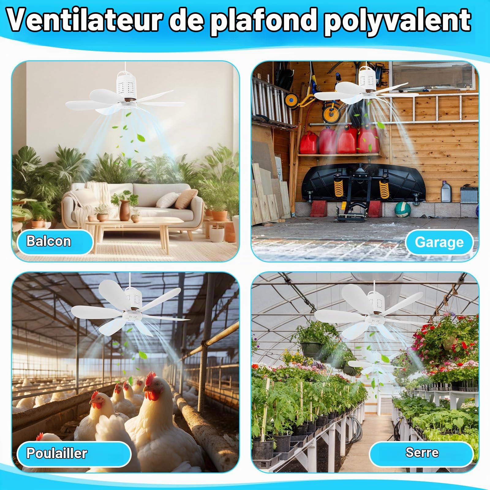 Kit de ventilateur de plafond solaire portable 15 W avec panneau solaire monocristallin USB à suspendre avec bouton marche/arrêt pour terrasse, camping, tente, poulailler, serre, abri de