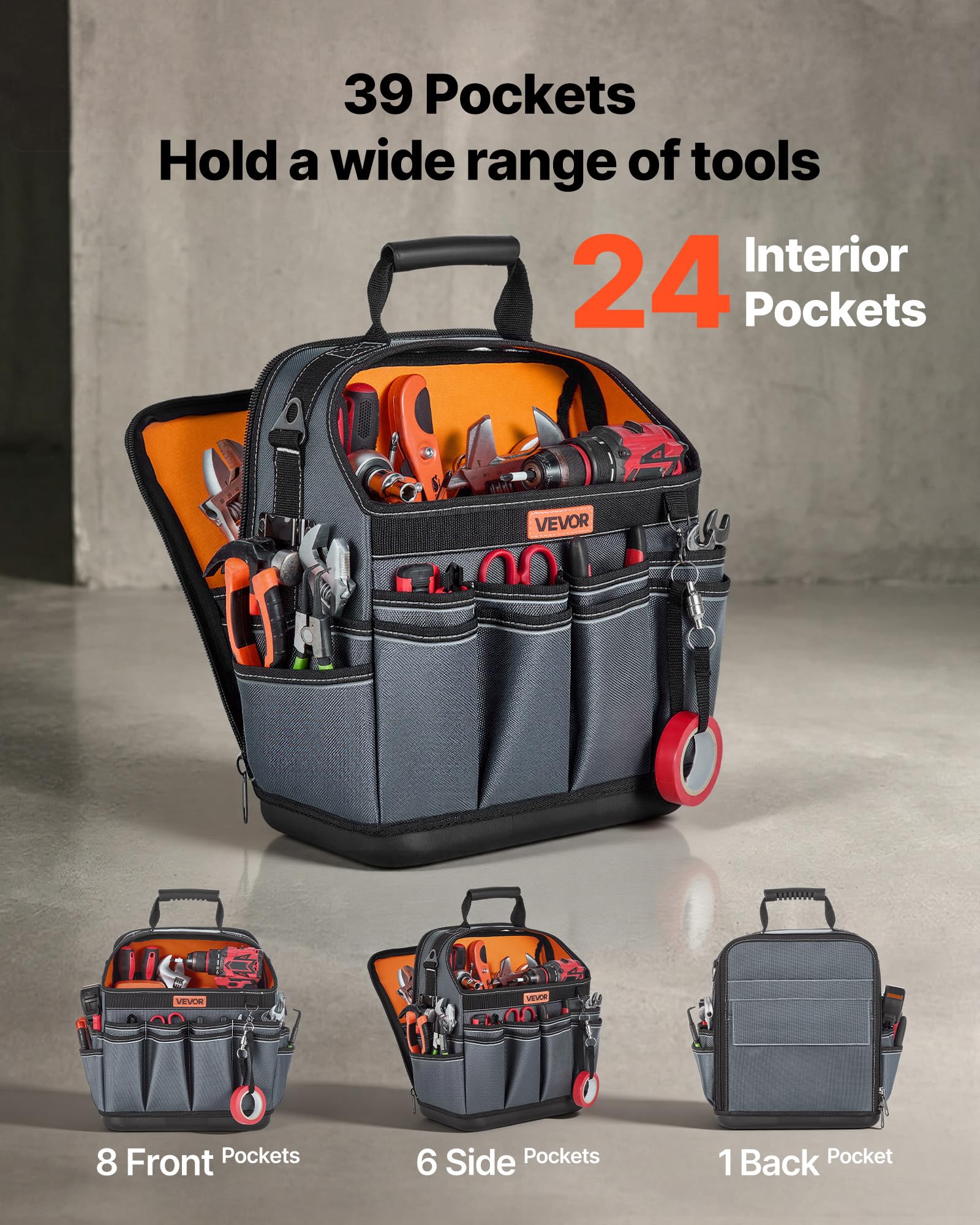VEVOR Borsa Portautensili Aperta 335 mm, 39 Tasche, Organizer Portatile per Attrezzi con Base Rigida in Plastica, Resistente all'Acqua, Tracolla Regolabile, per Professionisti, Fai da Te e Cantiere
