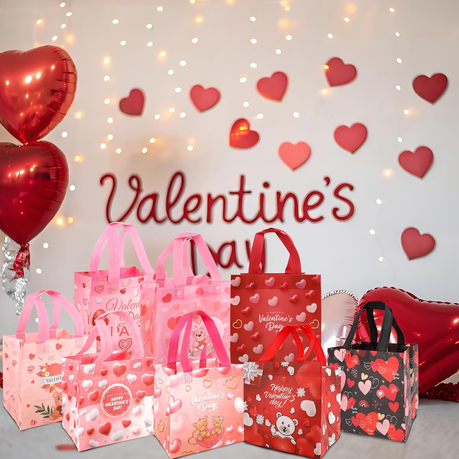 Valentines Gift Bags, 8 PCS Valentines Day Gift Bags, Valentine Bag for Gifts with Handles, Reusable Non-Woven Tote Bag Goodie Treat Candy Bag for Valentine's Day Gifts Wrapping Holiday Party Supplies - Image 5