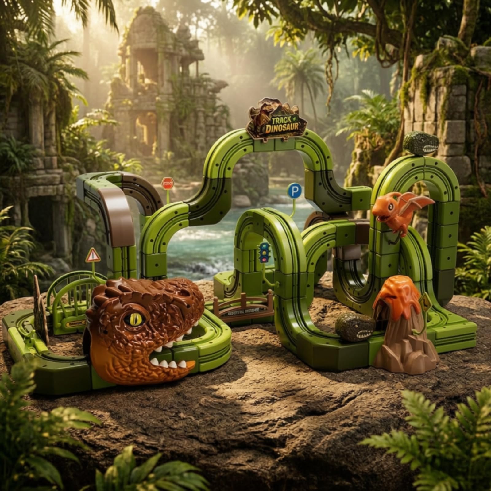Pista Veicolini con Dinosauri Sicuro, Verde, Size to 1 | Modulare, Combinabile, Pista Giocattolo con Dinosauri, per Area Giochi