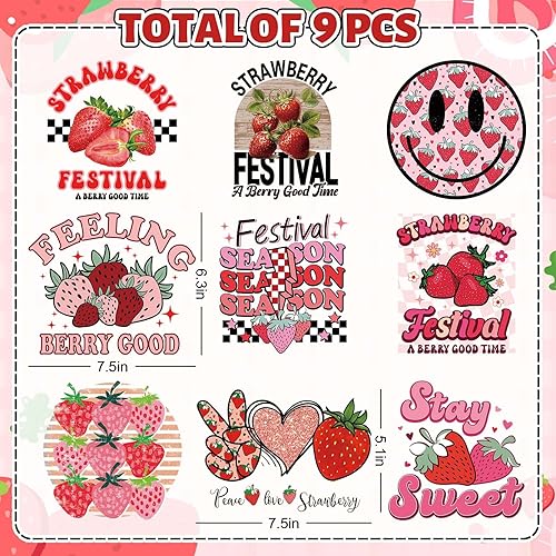 Miniatura 2 de Whaline 9 hojas de calcomanías para planchar con fresa, estilo bohemio, retro, de frutas, calcomanías de transferencia de calor, rojo y rosa,