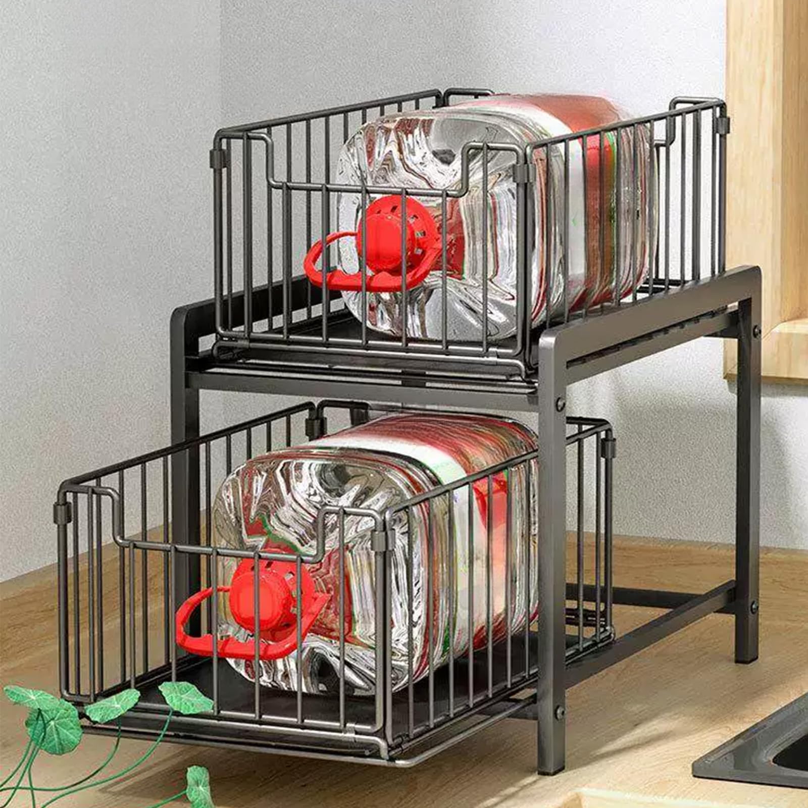Cesta organizadora deslizante de 2 niveles para debajo del lavabo, cajones de acero extraíbles para armarios de cocina y baño, color gris