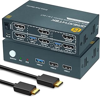 USB 3.0 KVM Switch Dual Monitor DisplayPort 4K@60Hz, 2 Port DP KVM Switch 2 Monitors 2 Computers with USB 3.0 Port, Support Button Switch 2 PCs Share USB Devices, with 4 DP Cables and 2 USB3.0 Cables