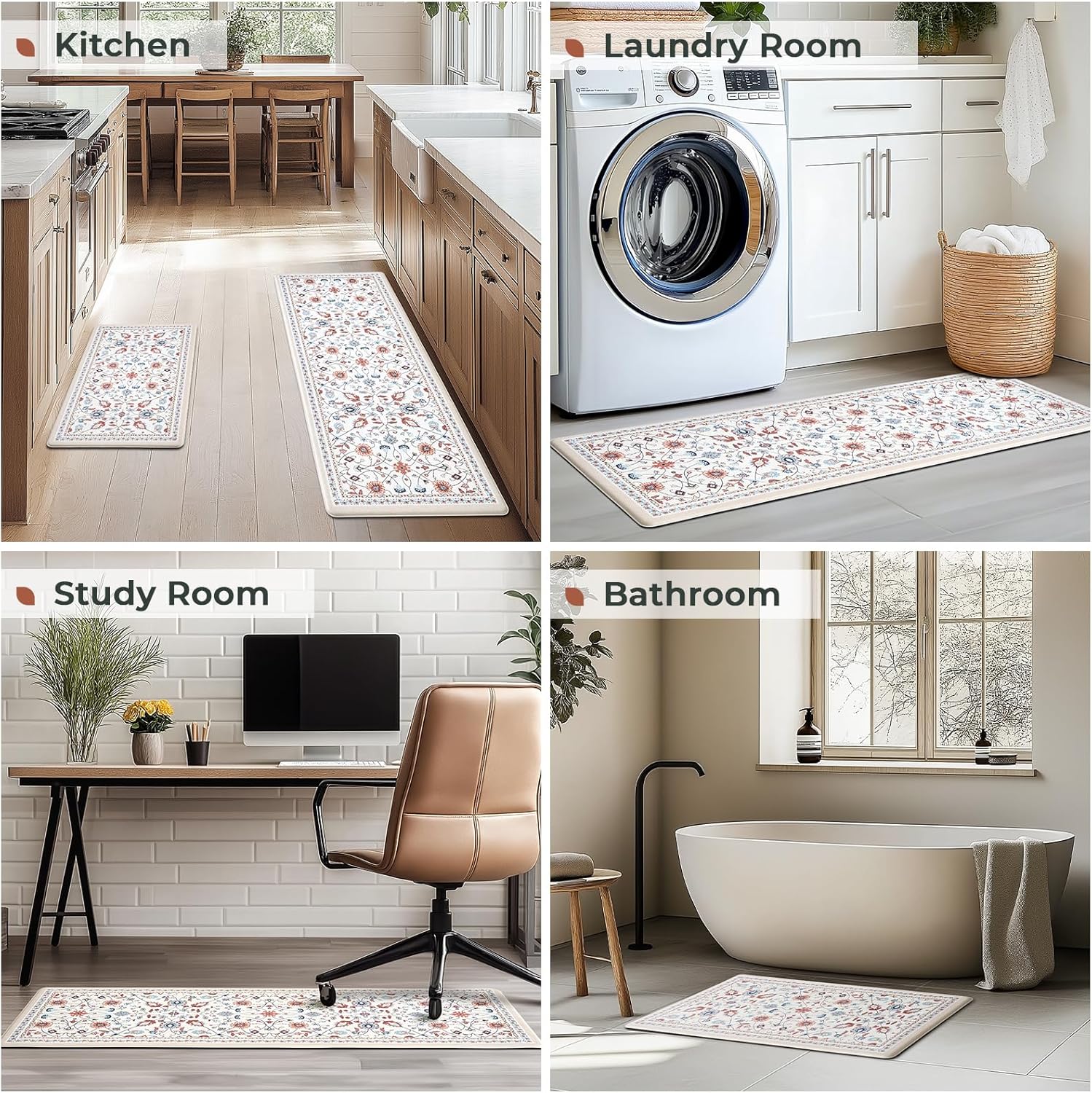 FRESHMINT Anti Fatigue Kitchen Mats for Floor 2 Piece Set, Waterproof & Non-Skid Vintage Floarl Kitchen Rugs, Cushioned Kitchen Mat for Standing Washable Comfort Desk Kitchen Runners, 17x30''+17x47''