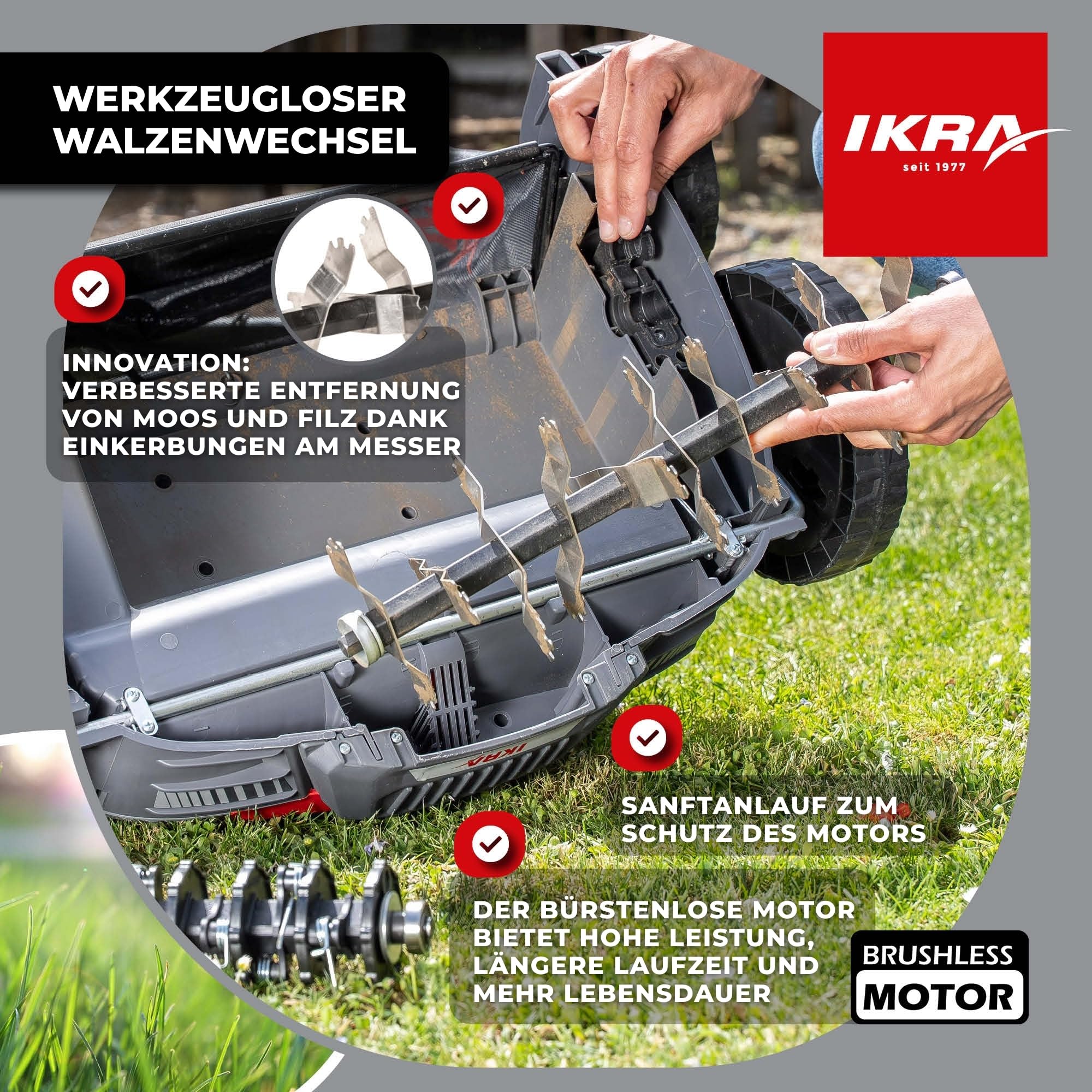 IKRA 3in1 Vertikutierer Rasenlüfter IB-SR 36, ohne 36V Akku & Ladegerät | Kompatibel mit Bosch, Fangkorb 45l, Arbeitsbreite 36cm, Tiefe -12 bis +10mm, 2-fach höhenverstellbarer Griff, klappbarer Holm