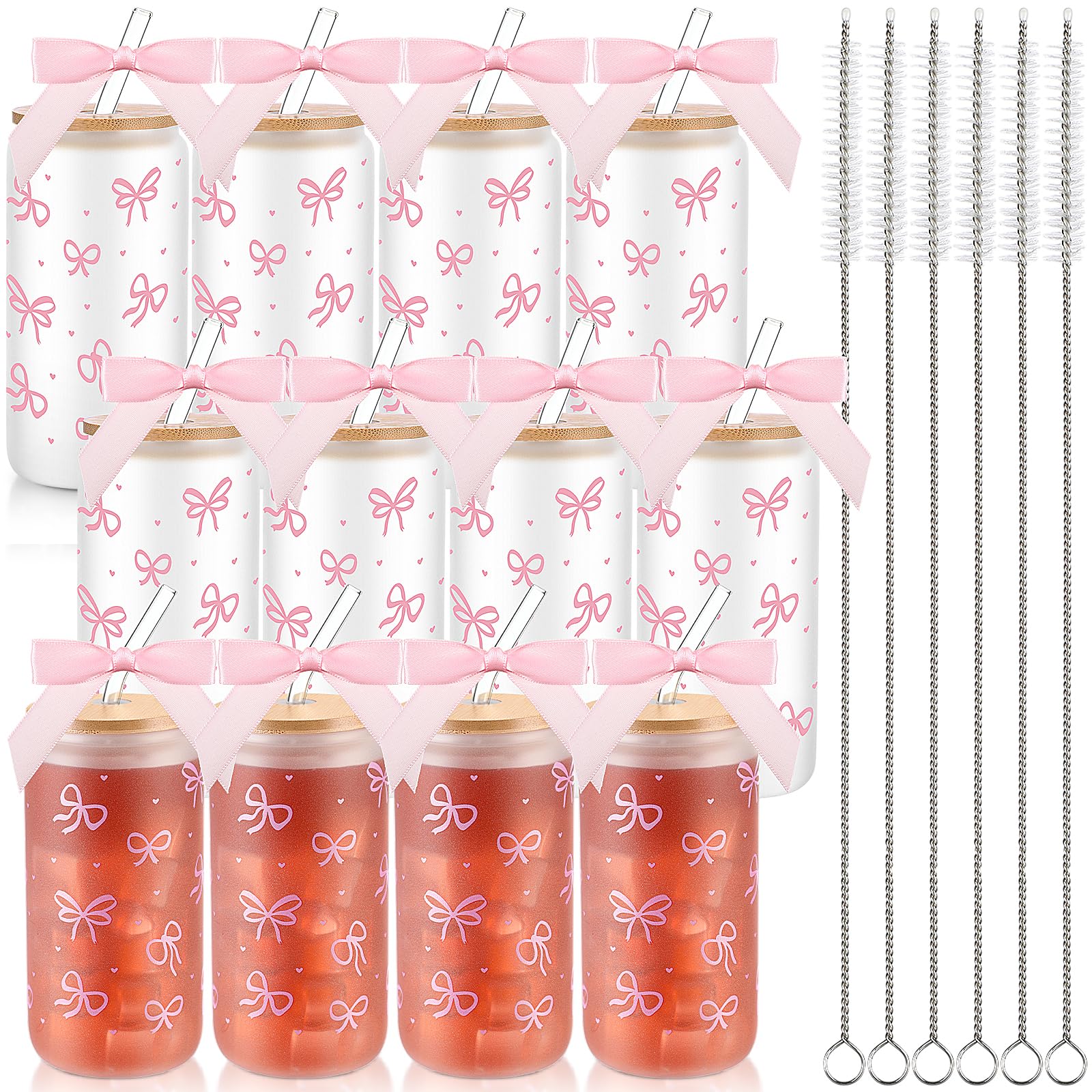 Pink Bow Glass Cups - 16oz Set with Lids & Straws -1