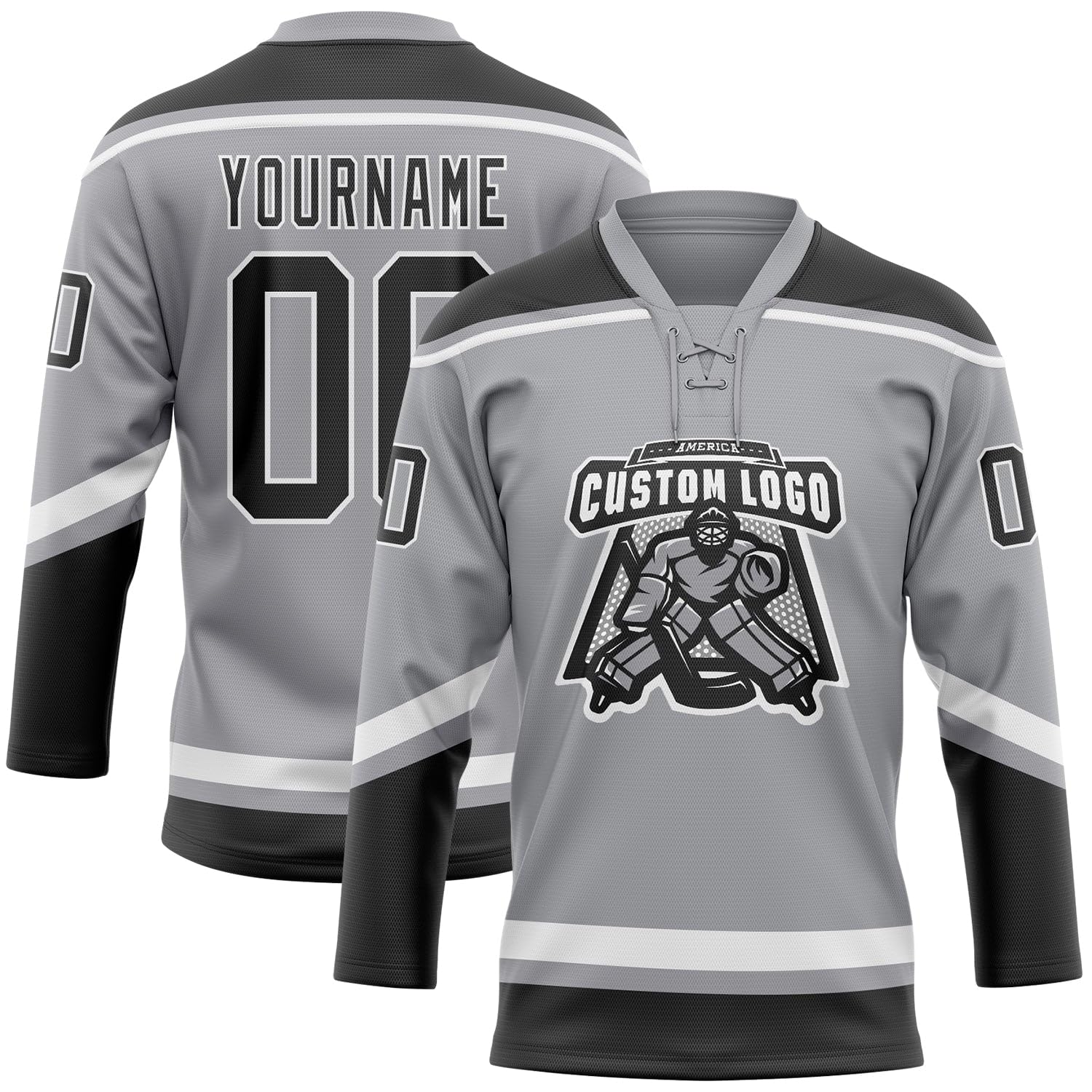 Custom Gray Black-White Hockey Lace Neck Jersey, Mens Hockey Jersey, Hockey Practice Jersey, Practice Hockey Jersey, Hockey Jersey Men, Jerseys for Men, Hockey Jersey, Hockey Jerseys for Men
