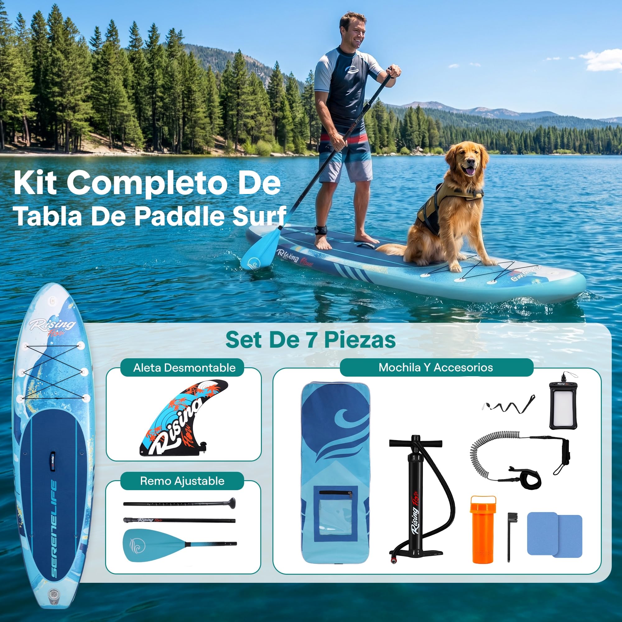 SereneLife tabla paddle surf hinchable, Paddle board, Cubierta antideslizante, Aleta inferior para remar, Estuche para guardar, Barco de pie para jovenes y adultos
