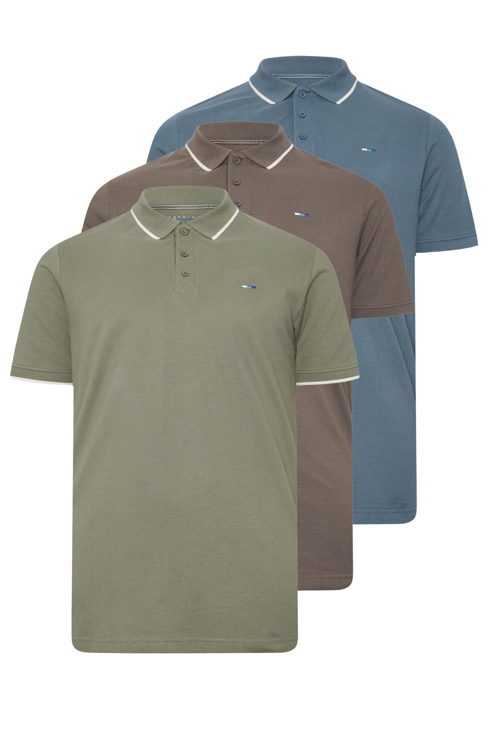 BadRhino Big & Tall 3 Pack Blue/Green/Brown Tipped Polo Shirt - Men's - Plus Size Curve
