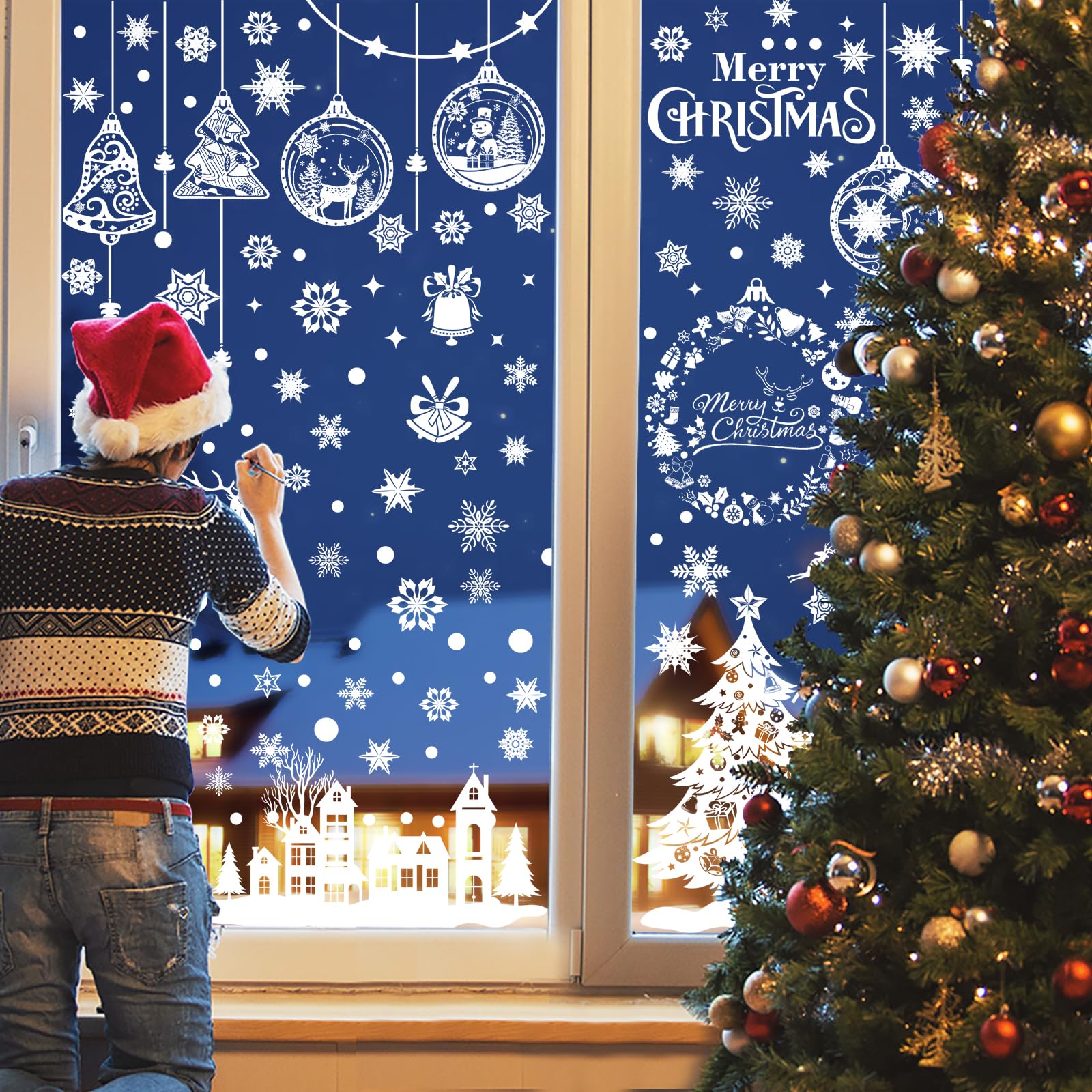 Niviy Adesivi Natalizi per Finestre 9 Fogli DIY Stickers Natale con Renne, Pupazzo di Neve, Casa, Albero di Natale e Fiocchi di Neve in PVC, per Vetrofanie Decorazioni,243Pezzi
