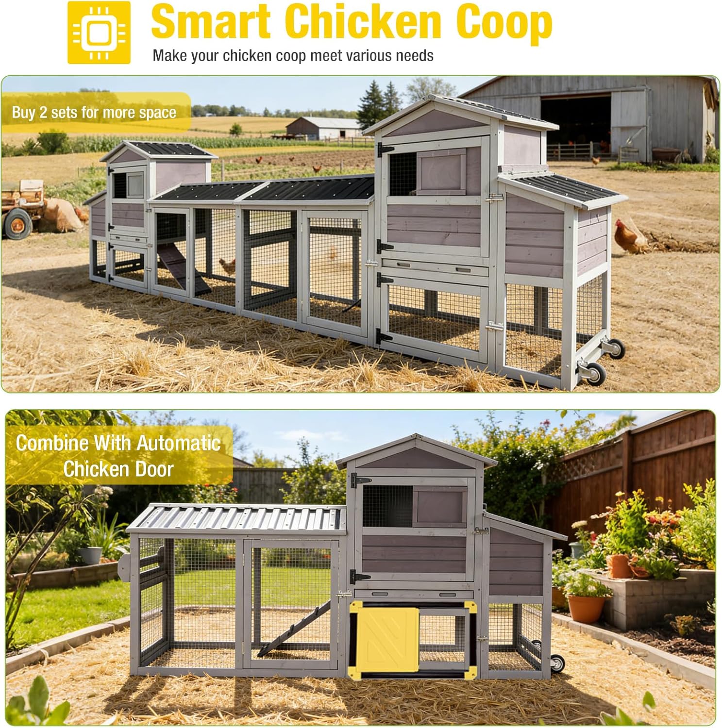Aivituvin 83in Chicken Coop Mobile Hen House Outdoor Wooden Poultry Cage with Wheels Nesting Box Run for 4-6 Chickens