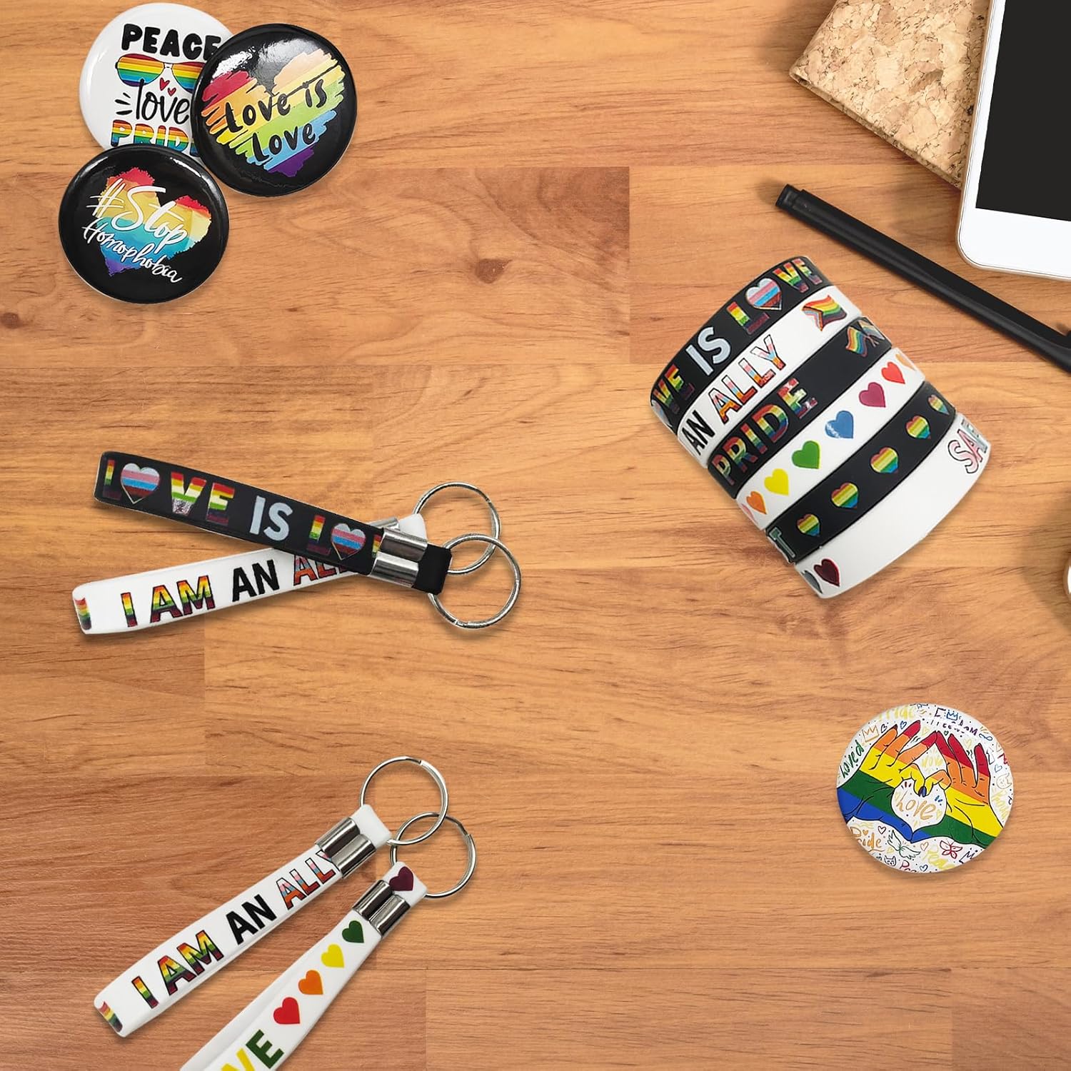 72 Pcs Pride Accessories Bulk Set Lgbtq Party Gifts,Includes 24 Silicone Bracelet 24 Rubber Keychains 24 1.7inch Pins,Rainbow Gay Stuff Merch Accessories,Pride Month Parades Decorations Party Favors - Image 5
