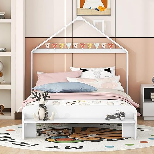 Miniatura 84 de Cama de plataforma de madera de tamaño individual con cabecero y cercas en forma de casa, sin rejas, cama de piso para dormitorio de niños