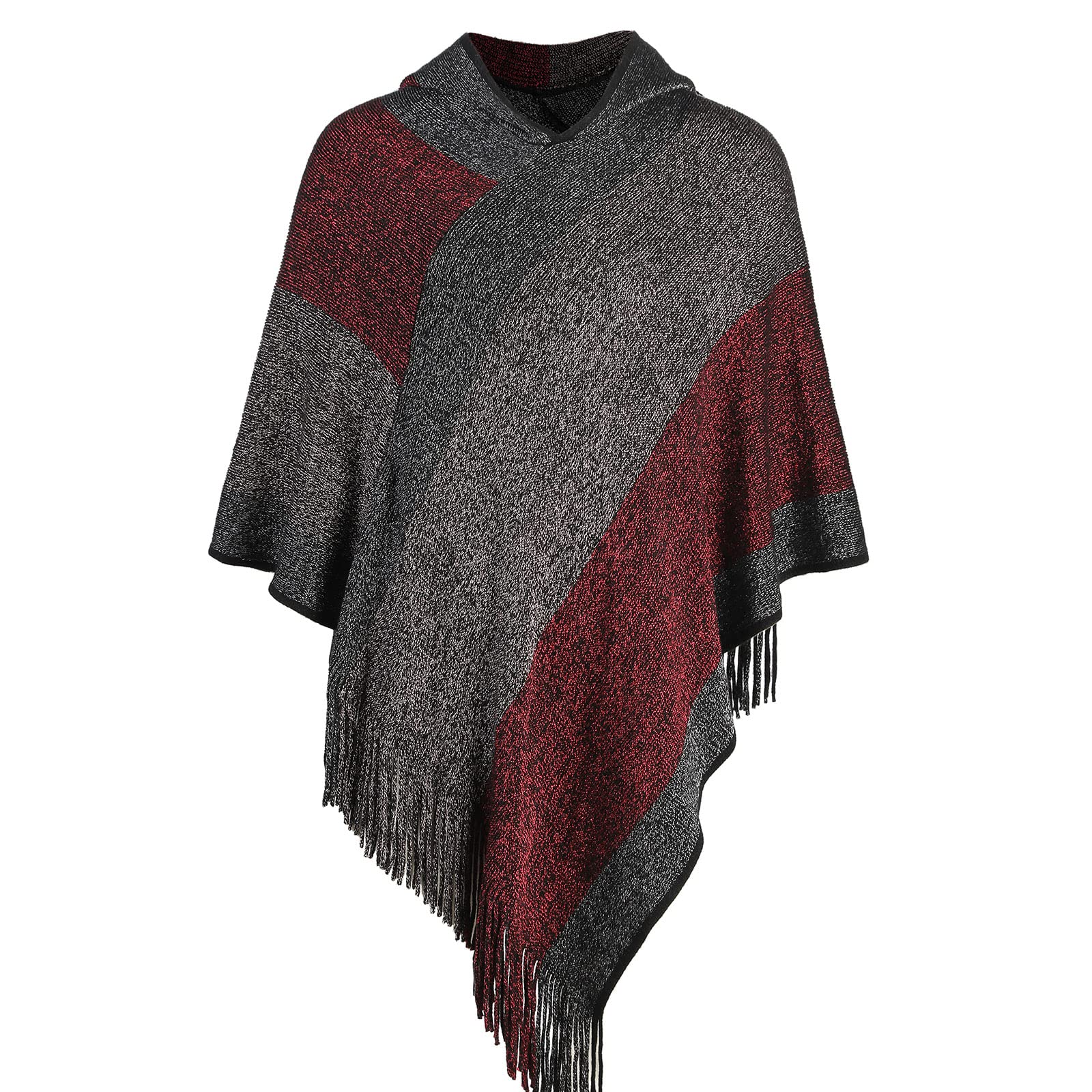 Women's Elegant Knitted Shawl Poncho with Fringed V-Neck Striped Sweater Pullover Cape Gifts for Women Mom