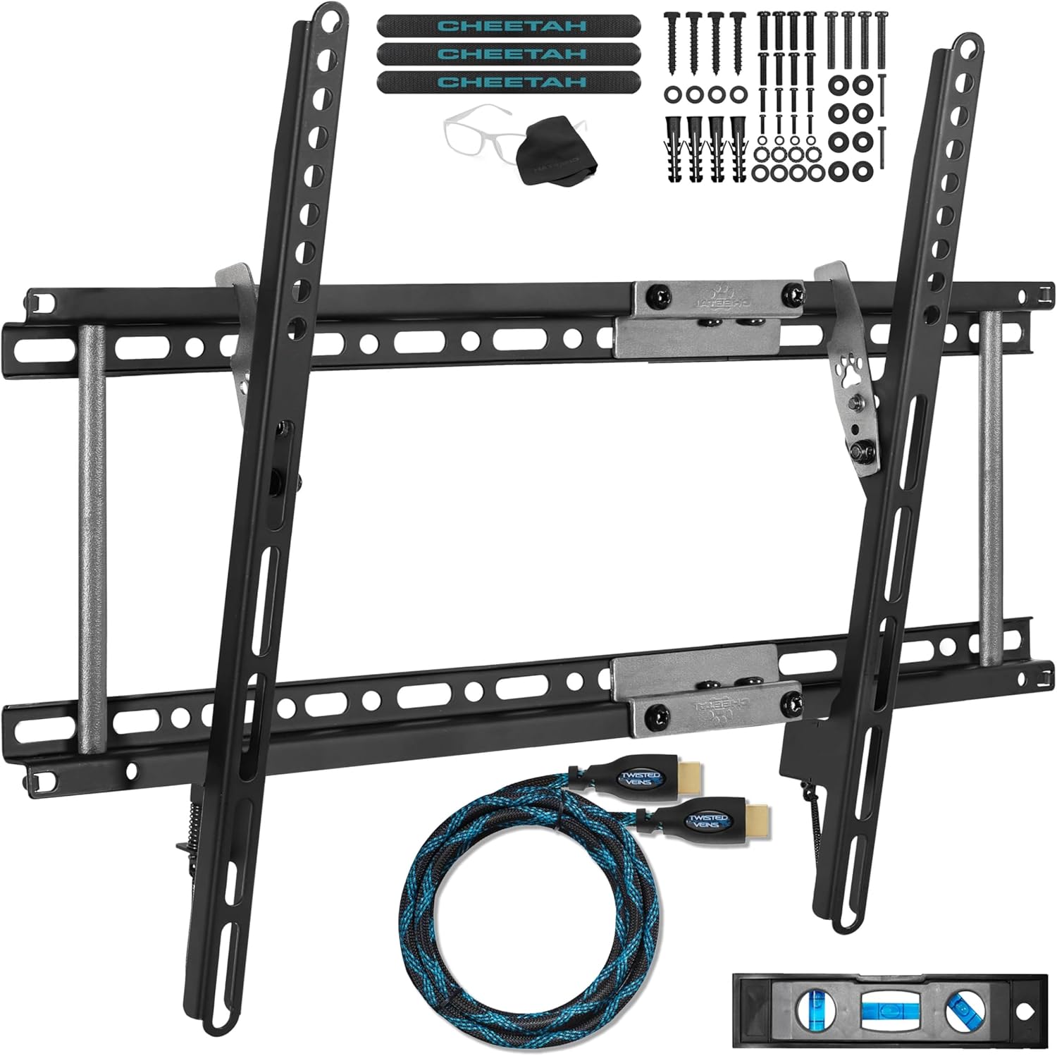 Cheetah Tilt TV Mount fits 32-86 Inch TVs up to 165lbs Max VESA 600x400mm, with 10ft HDMI Cable, Universal Flat Wall Mount Bracket, fits 16-24" Studs, Ultra Low 1.3" Profile Adjusts to 15 Degree Tilt