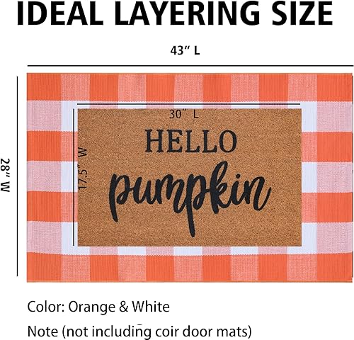 Miniatura 2 de Alfombra de cuadros naranja y blanco, 28 x 43 pulgadas, tapete decorativo de algodón lavable a mano tejido a mano para puerta, tapete de otoño para