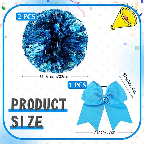 Miniatura 74 de Hanaive 3 pompones de animadora y lazo grande para animadora para el pelo, suministros metálicos para animadora de espíritu de equipo, deportes