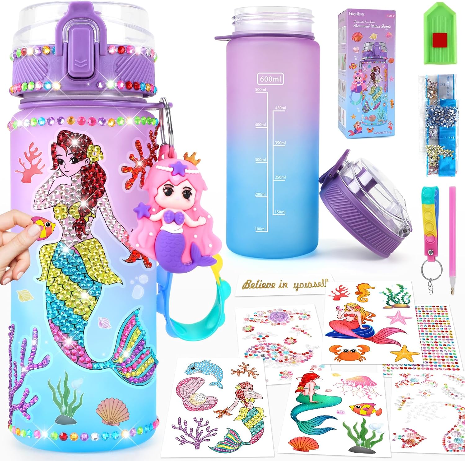 GirlsHome Decorate Your Own Water Bottle for Girls Age 4-6-8-10, Mermaid Toys for Girls Painting Crafts, Fun Arts and Crafts Kits Birthday Christmas Gifts Toys