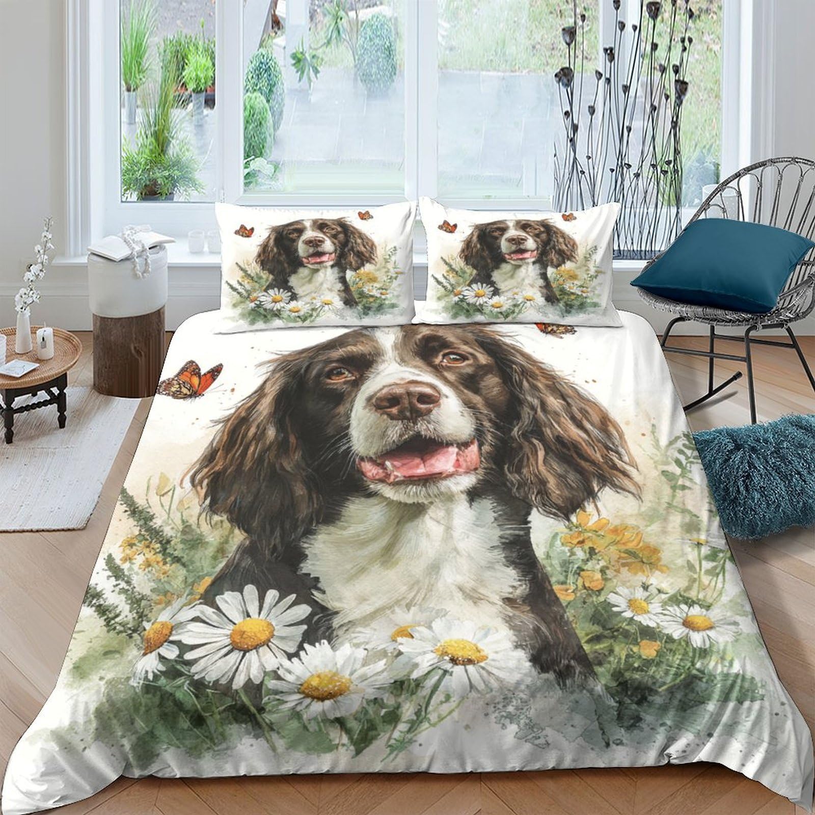 Ctjqhvkz Style-7 3D Printed Springer Spaniel Dog Fitted Sheet Microfiber Soft Daisy Flower Bed Cover For Bedroom Guest Room Decor Single（135X200cm）