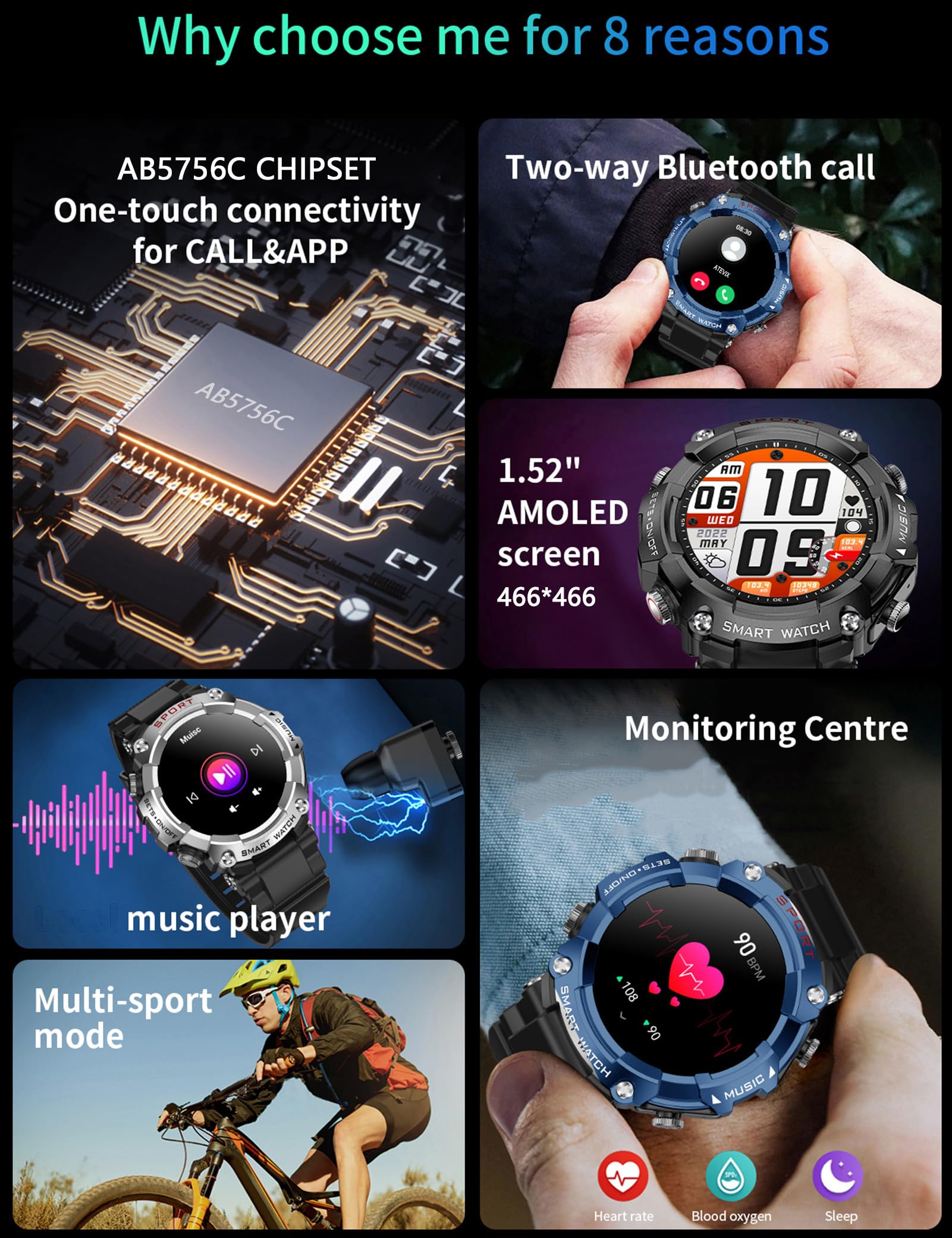Military Smart Watch with Earbuds 1.52