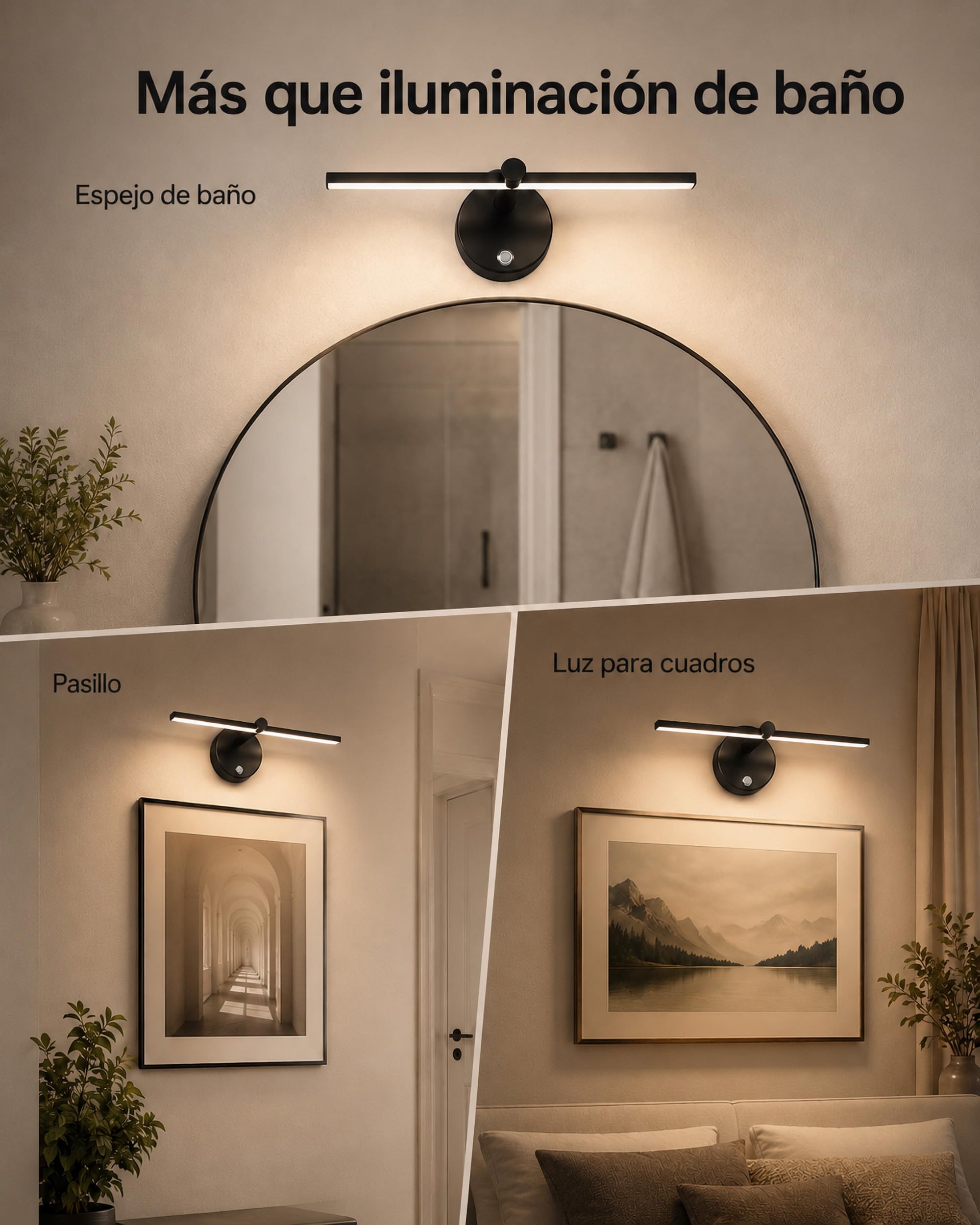 LANMOU 41cm Lámparas de Espejo de Baño LED con Interruptor, LED Regulable Aplique de Pared Interior Luces de Pared Giratorios de 300° Aplique Espejo Baño para Tocador Inodoro Armario, 4000K, Negro