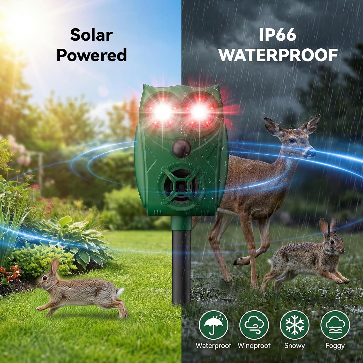 Solar-Powered Ultrasonic Animal Repellent with Motion Sensor, Waterproof Deer Repellent Device with LED Flashing Lights, Perfect for Outdoor Yards, Effective to Repel Deer, Coyotes, Raccoons, and Cats