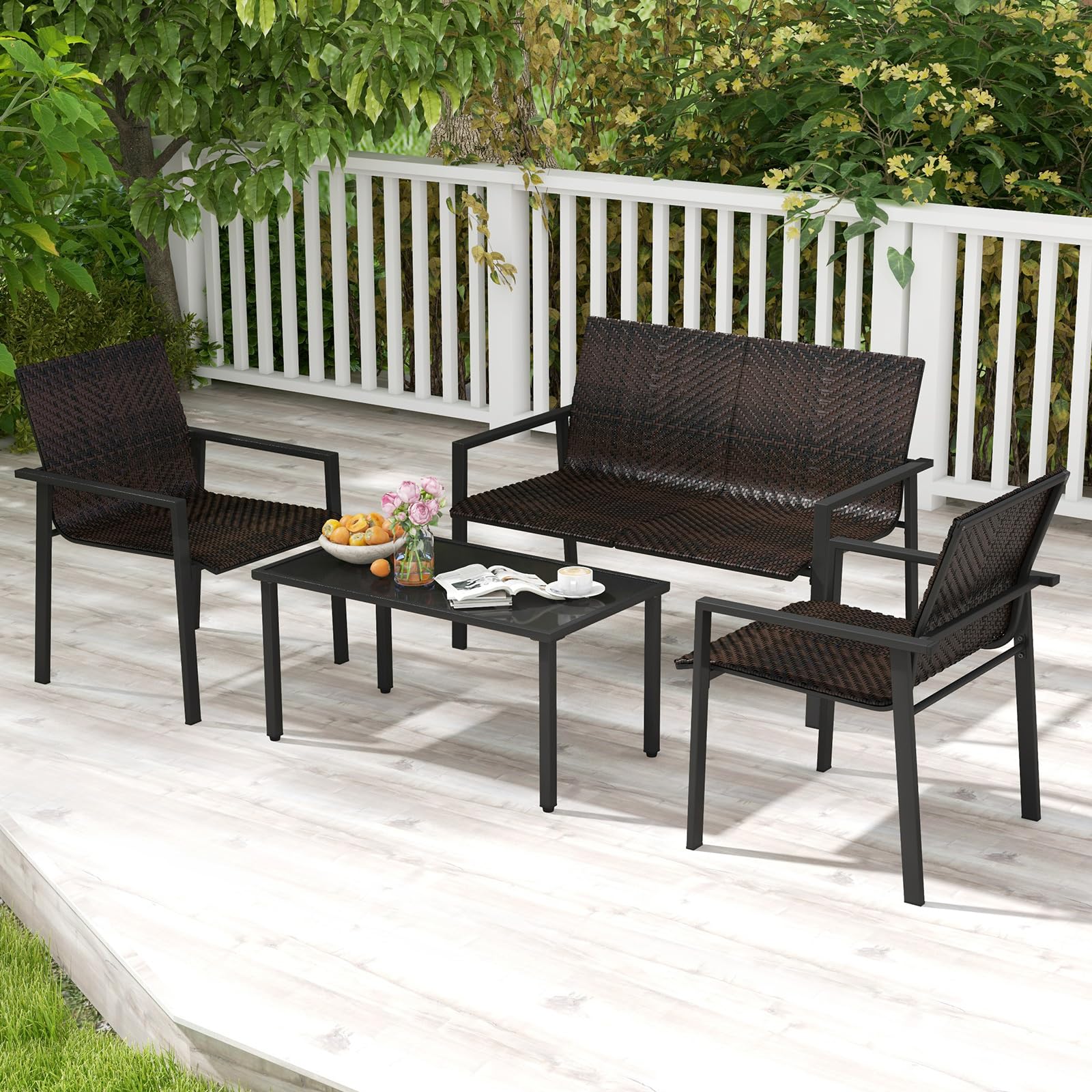 COSTWAY 4 Pezzi Set di Mobili da Giardino, Set di Tavolo e Sedie da Esterno in Intrecciato di Vimini, Set Salotto da Giardino per Balcone Giardino Terrazzo (Marrone)