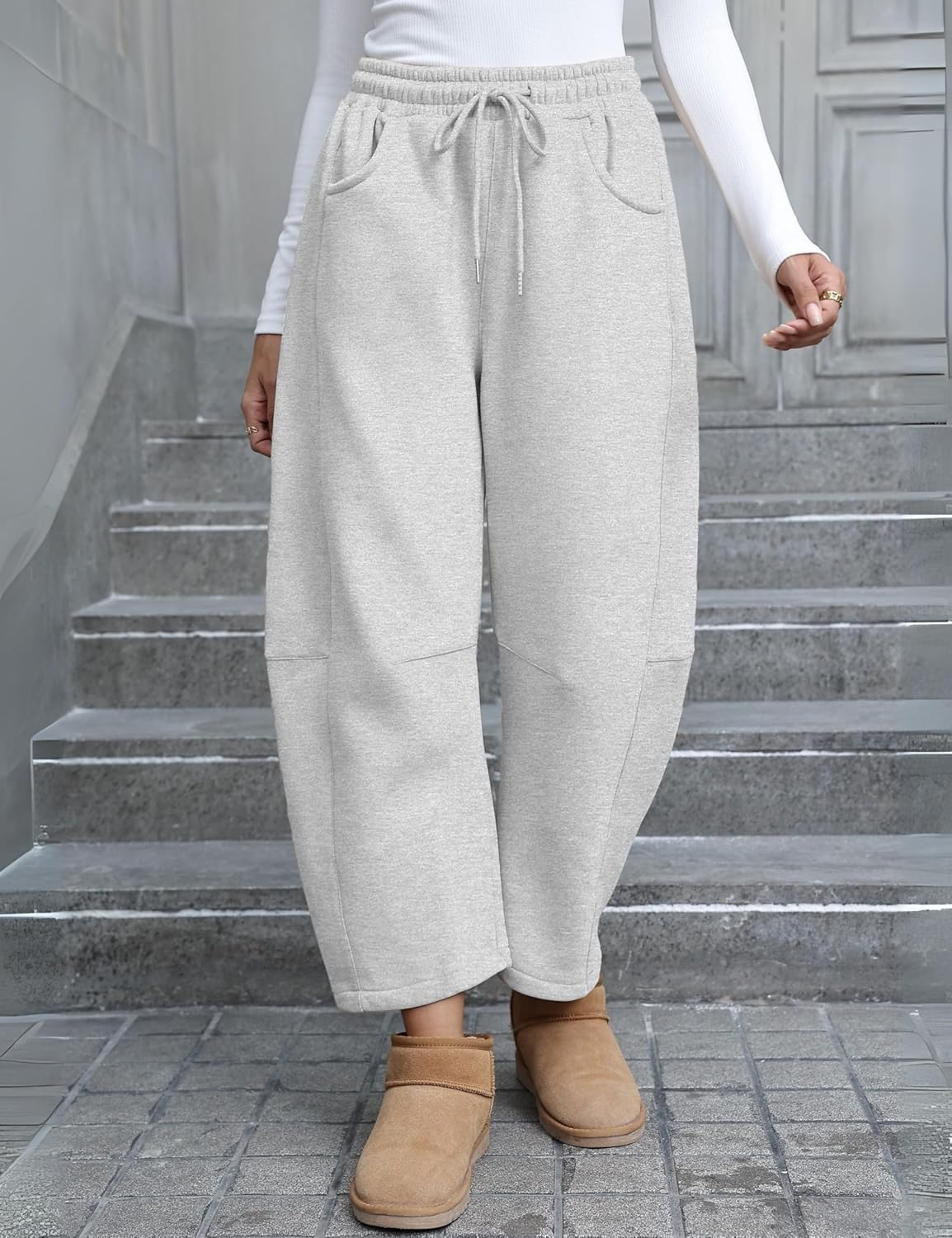 Yeokou Womens Fleece Lined Sweatpants Barrel Leg High Waist Winter Joggers Cozy Home Travel Lounge Pants with Pockets - Image 4