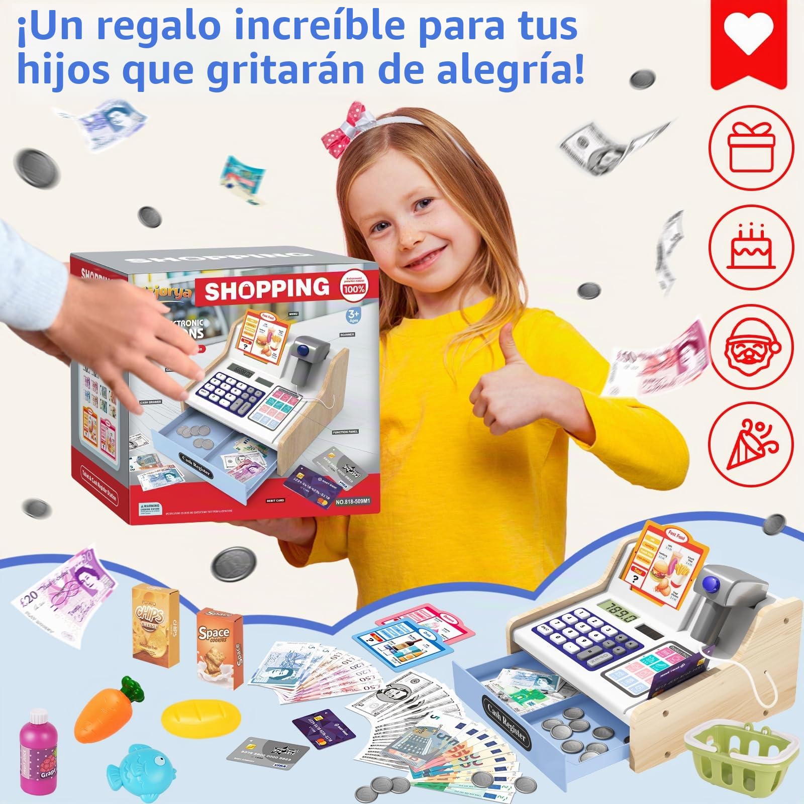 2026 Caja Registradora Juguetes de Madera con Calculadora de Escáner para Niños Niñas 3+ Años, Juguetes de Tienda Juegos Simulación Regalos Educativos para Niños Pequeños 3 4 5 6 7 Años, Blanco&Azul