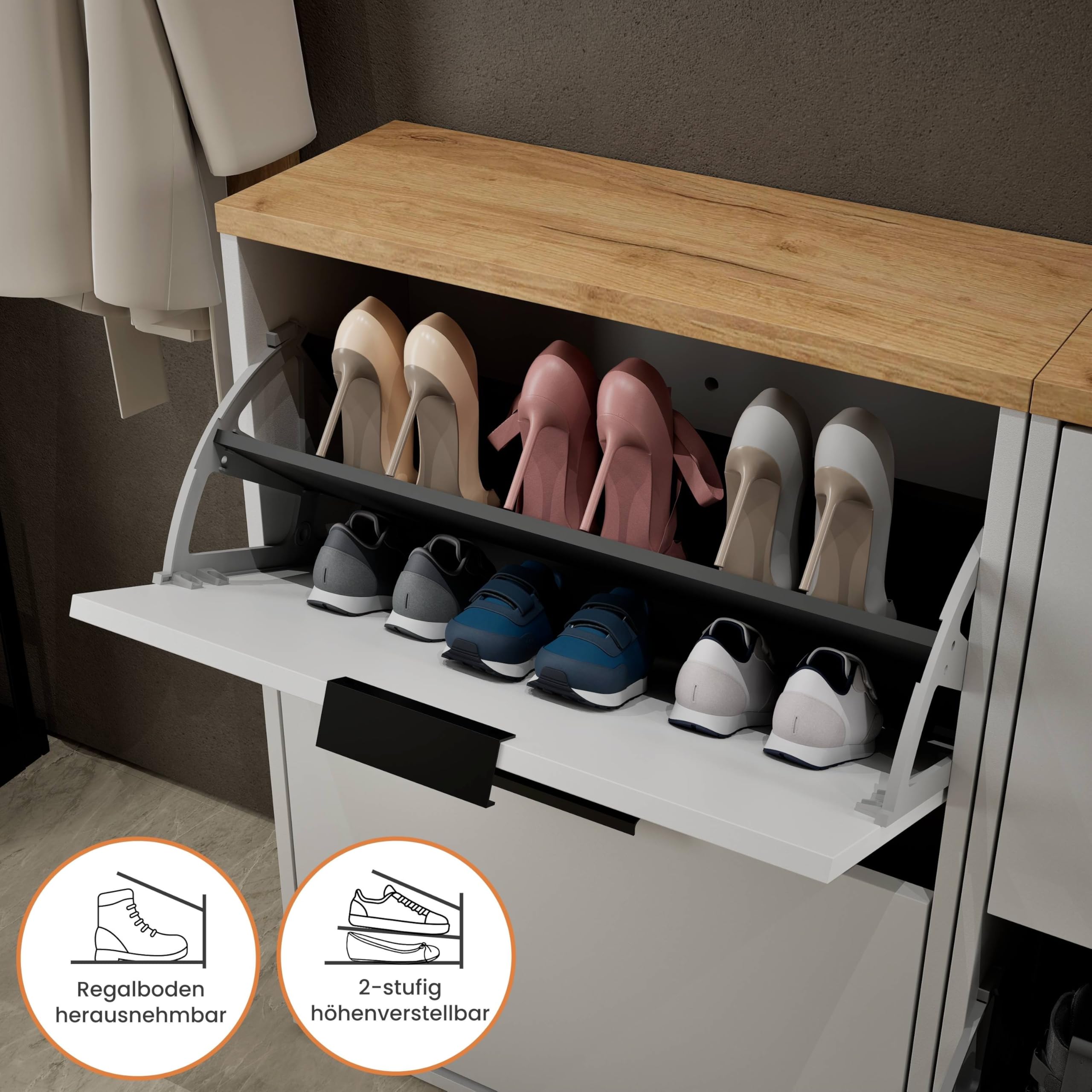 Planetmöbel 2 zapateros estrechos con espejo redondo con iluminación de 60 cm (2 niveles de luz), zapatero con 2 solapas, zapatero con 4 estantes, juego de perchero, 60 x 23 x 80,5 cm, color blanco y
