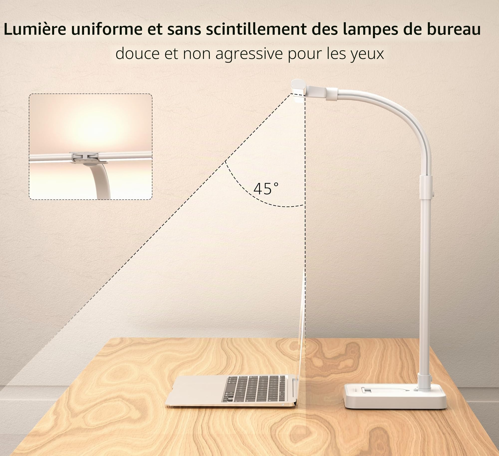 LOTTBUTY Lampe de bureau LED à double tête à intensité variable, 24 W 80 cm, lampe lumière du jour, lampe de bureau, col de cygne (blanc, base de bureau avec support pour téléphone portable)