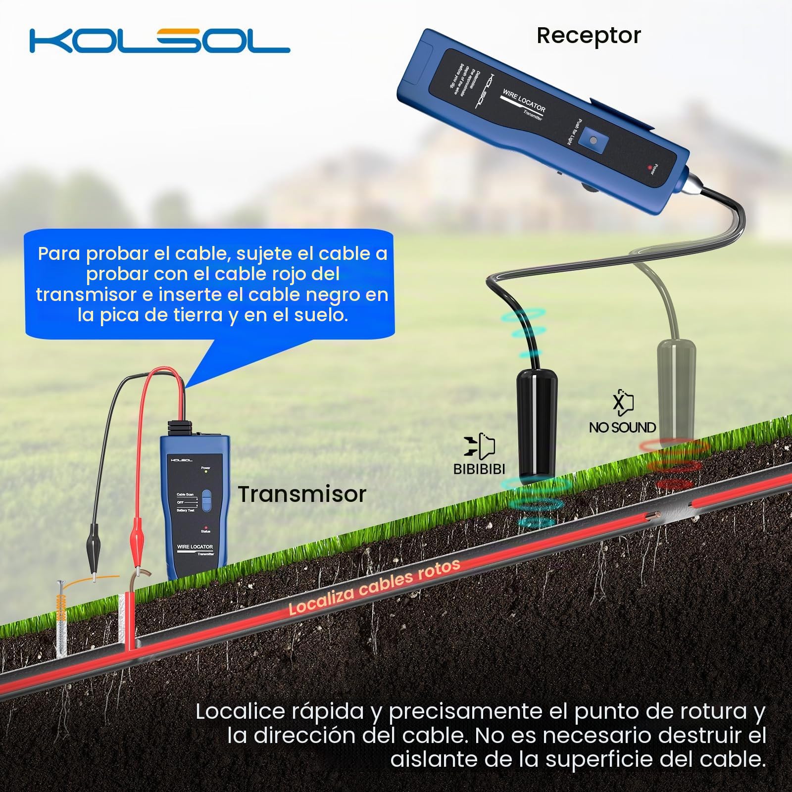 Localizador de cables subterráneo F02 Pro para localizar cables y cables de control, cables de valla de mascotas de hasta 3 pies de profundidad, longitud de 2000 pies con