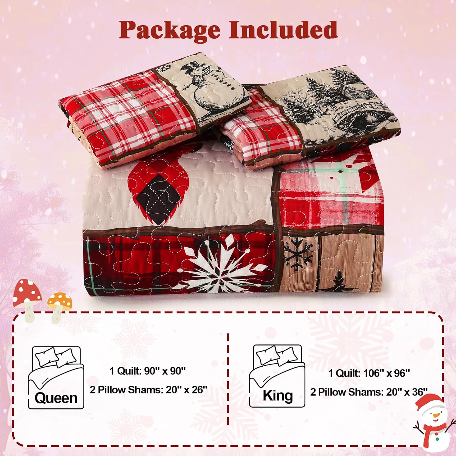 ASPMIZ 3 Pieces Christmas Quilt King Size, Red Plaid Quilt Bedding Set with 2 Pillow Shams Reversible Patchwork Quilts, Christmas Snowflake Comforter Set Lightweight Winter Coverlet, 90"x90"
