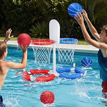 HYES Double Pool Basketball Hoop with Backboard, 2-in-1 Floating Pool Toys Ring Toss Game, 2 Player Games Summer Outdoor Water Toys Gifts for Kids Ages 4-8 8-12 & Adults, Family Swimming Pool Party