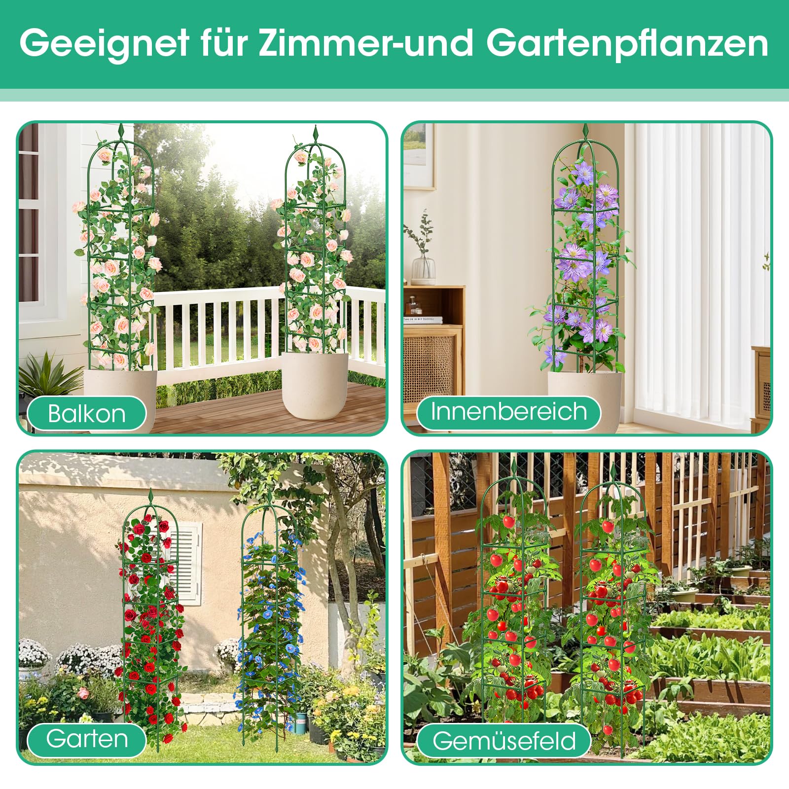 2er Set Garten Obelisk Rankgitter, 180 cm Rankhilfe Zimmerpflanzen, Pflanzturm Rostschutz Pulverbeschichtung, Rankhilfe Obelisk für Rosen Clematis Kletterpflanzen, Innen & Außen, Grün (4 Schichten)