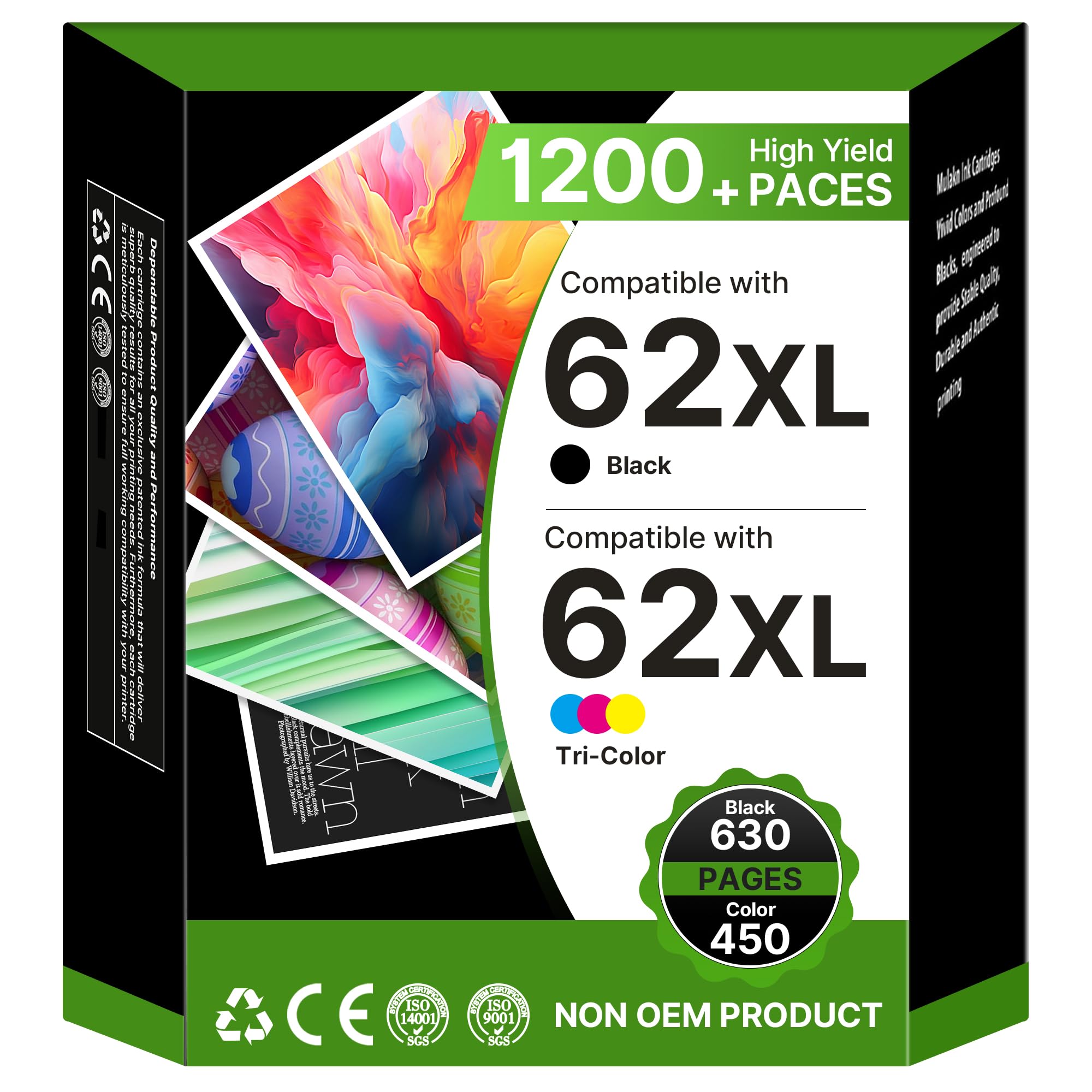 62XL Druckerpatronen 62 Schwarz und Farbe Multipack Patronen Kompatibel Ersatz für HP 62XL Tintenpatrone für HP Envy 5540 5545 5548 5640 5646 7640 5544 OfficeJet 5740 5742 5744 200 250 (2er-Pack)
