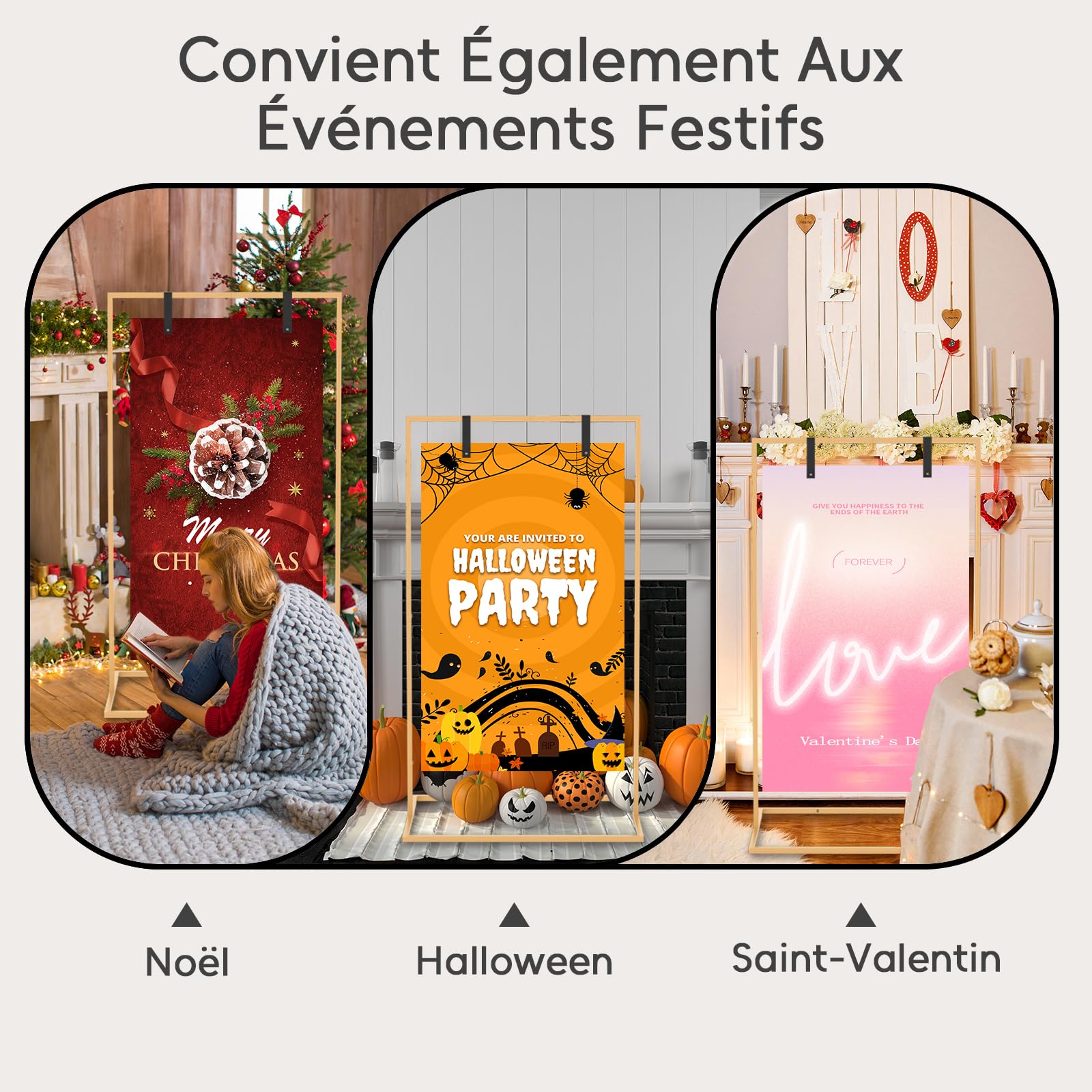 Support de présentoir de mariage, 164 x 76 x 51 cm, chevalet robuste pour panneau avec 4 sangles en cuir, adapté pour tableau de sièges, réception, affiches et décoration (Doré)