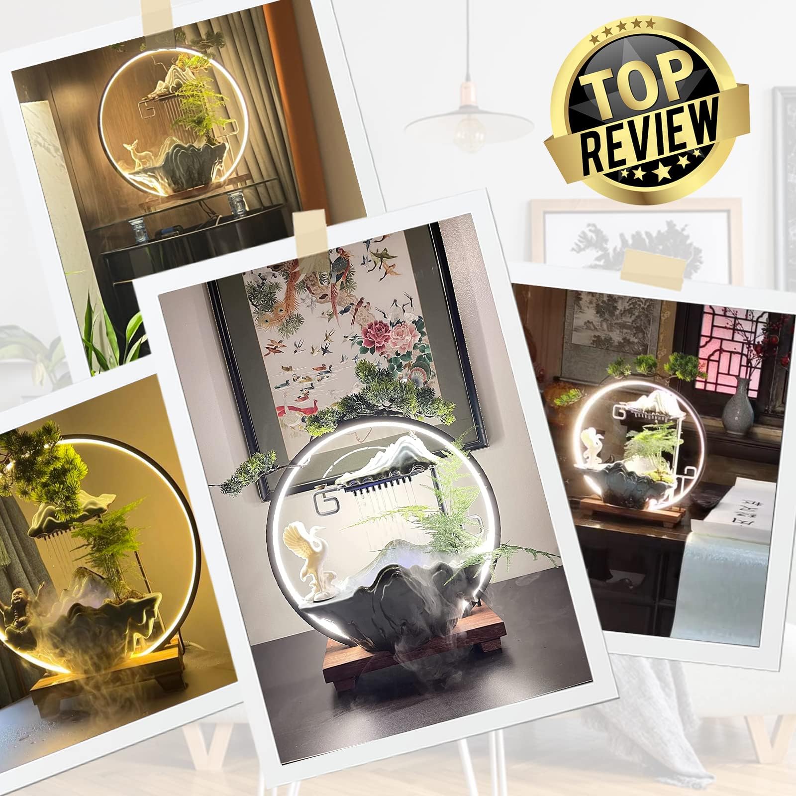 Fontaine à eau zen d'intérieur avec lumière LED et brume pour la méditation, décoration Feng Shui avec fausses plantes pour la détente à la maison