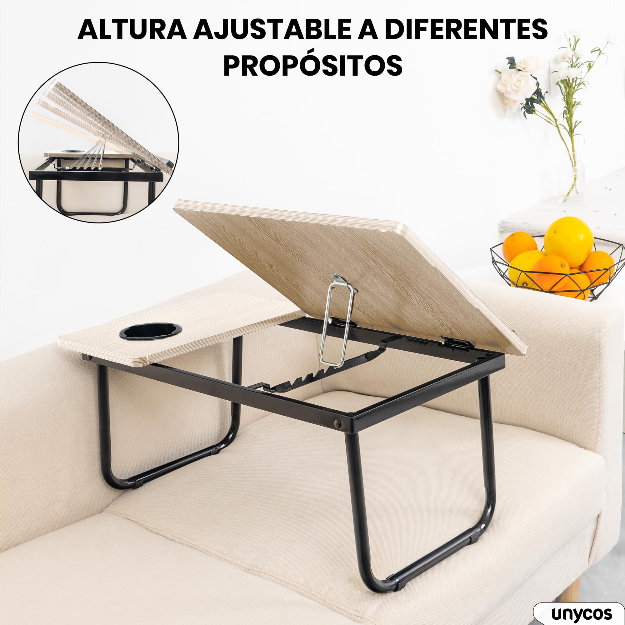 unycos - Bandeja para Cama y Sofá Reclinable, Mesa Plegable de Desayuno con Portavasos para Ordenador Portátil y Libros, Mesita Auxiliar en MDF/Acero/Plástico 56x33x23cm | 22,04" x12,99 x9,05 (Arce)