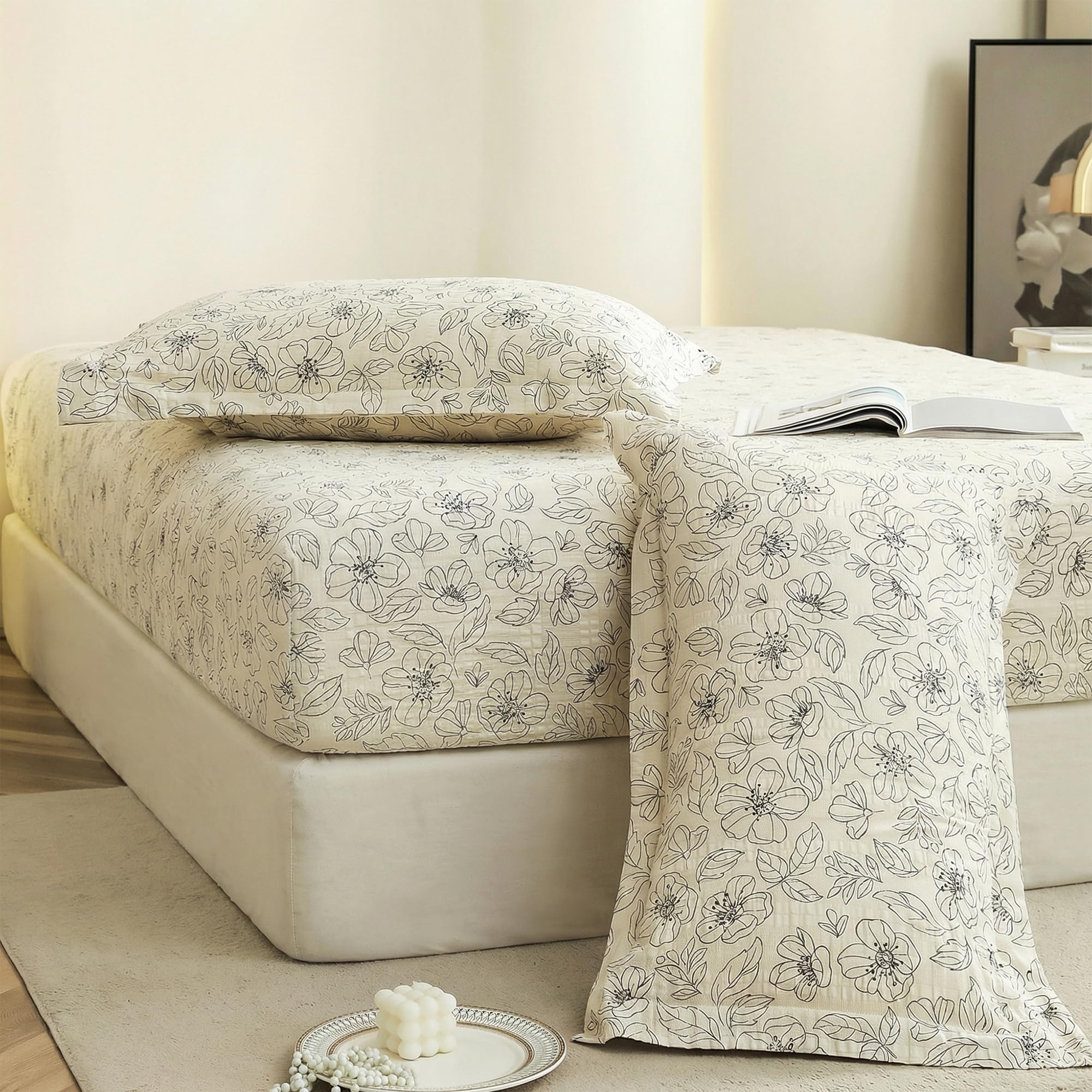 Story@Home Cloud Cotton Fitted BEDSHEET (72 X 78 Inch) 360 Elastic King Size with 2 Pillow Covers | Super Soft Bed Sheet for King Size Bed Floral Design (White, Grey)