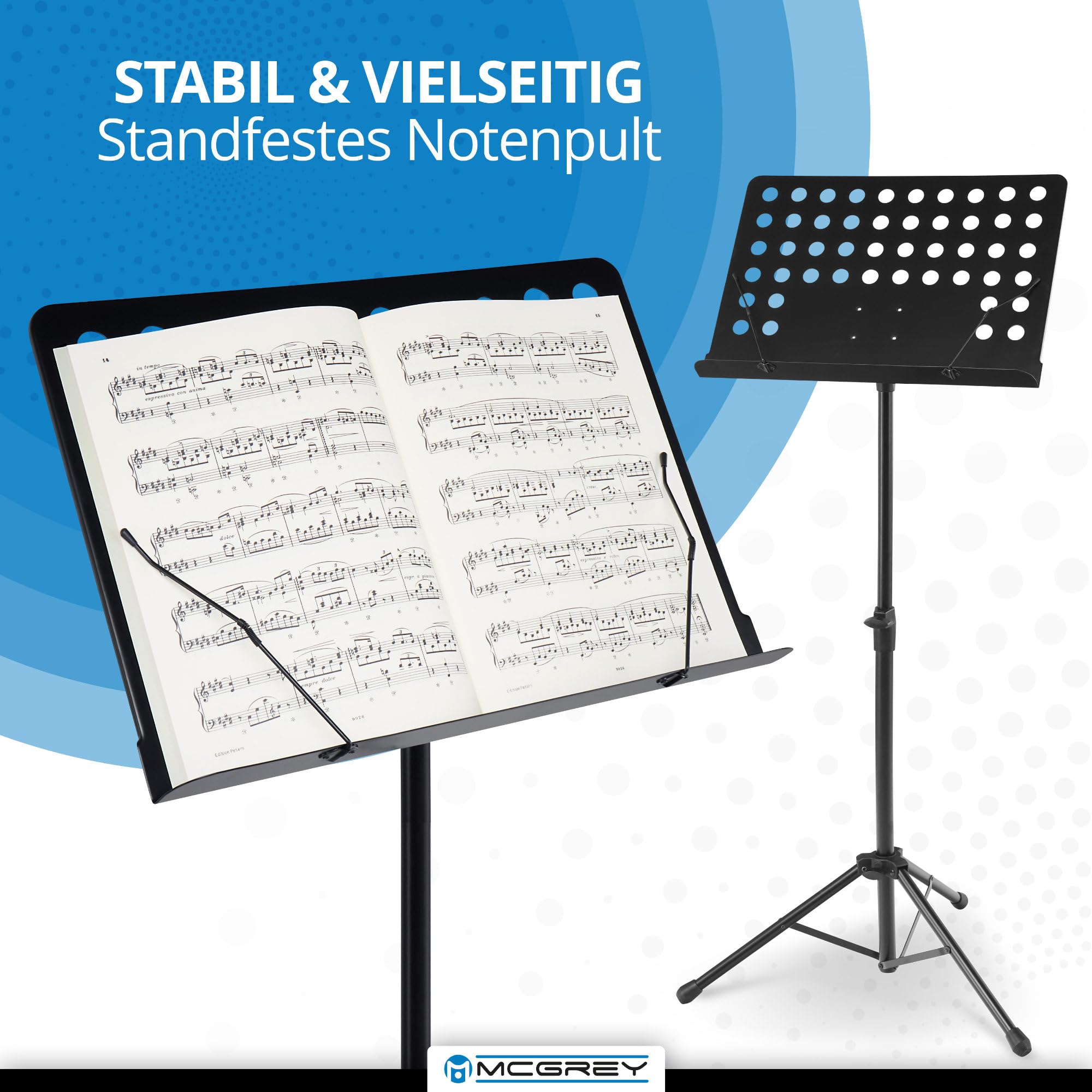 McGrey 11940 Orchesterpult Lochblech Set - stufenlos verstellbar - mit Notenklemmen - inkl. Ablagebox - schwarz