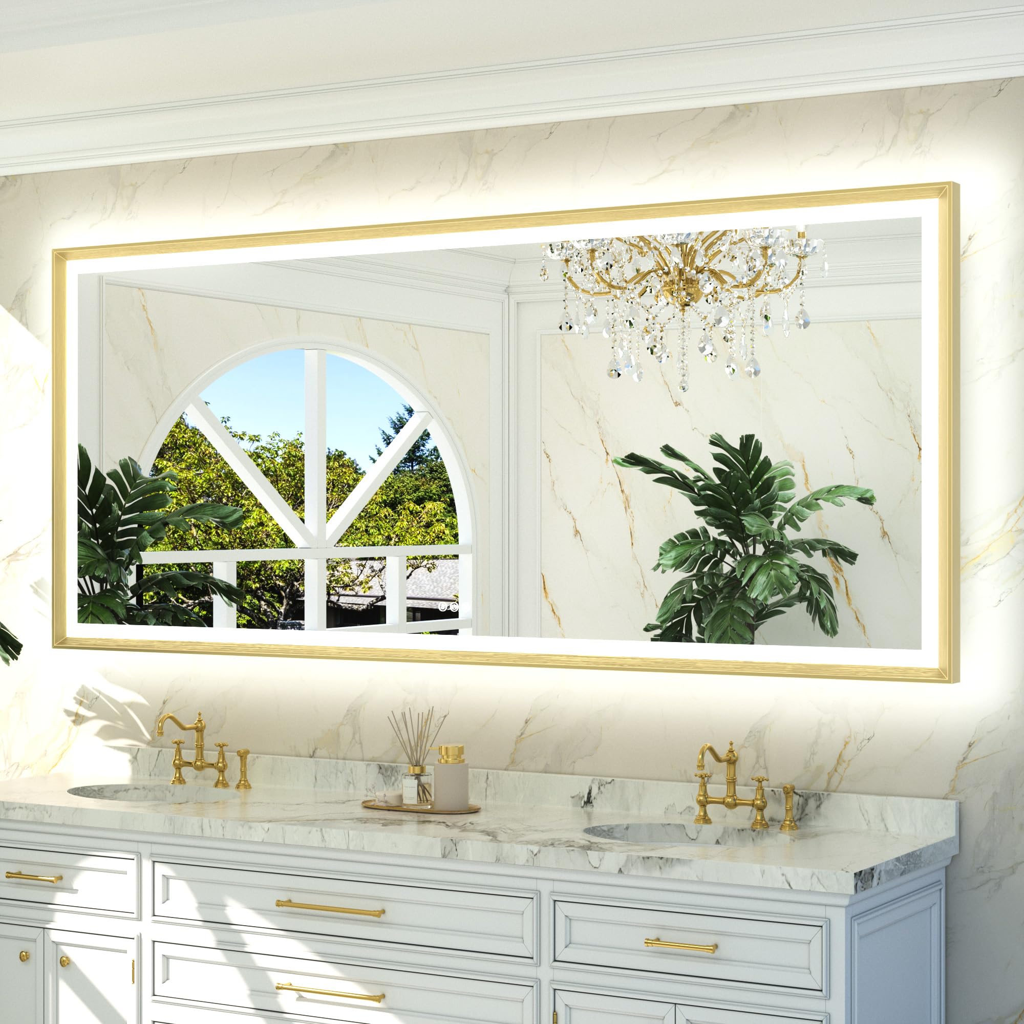 Photo 1 of TETOTE 84x36 LED Bathroom Mirror with Lights Gold Frame Frontlit & Backlit Lighted Vanity Mirror Baroque Anti Fog Dimmable White/Warm/Natural,CRI90+,Waterproof,Wall Mounted(Horizontal/Vertical)