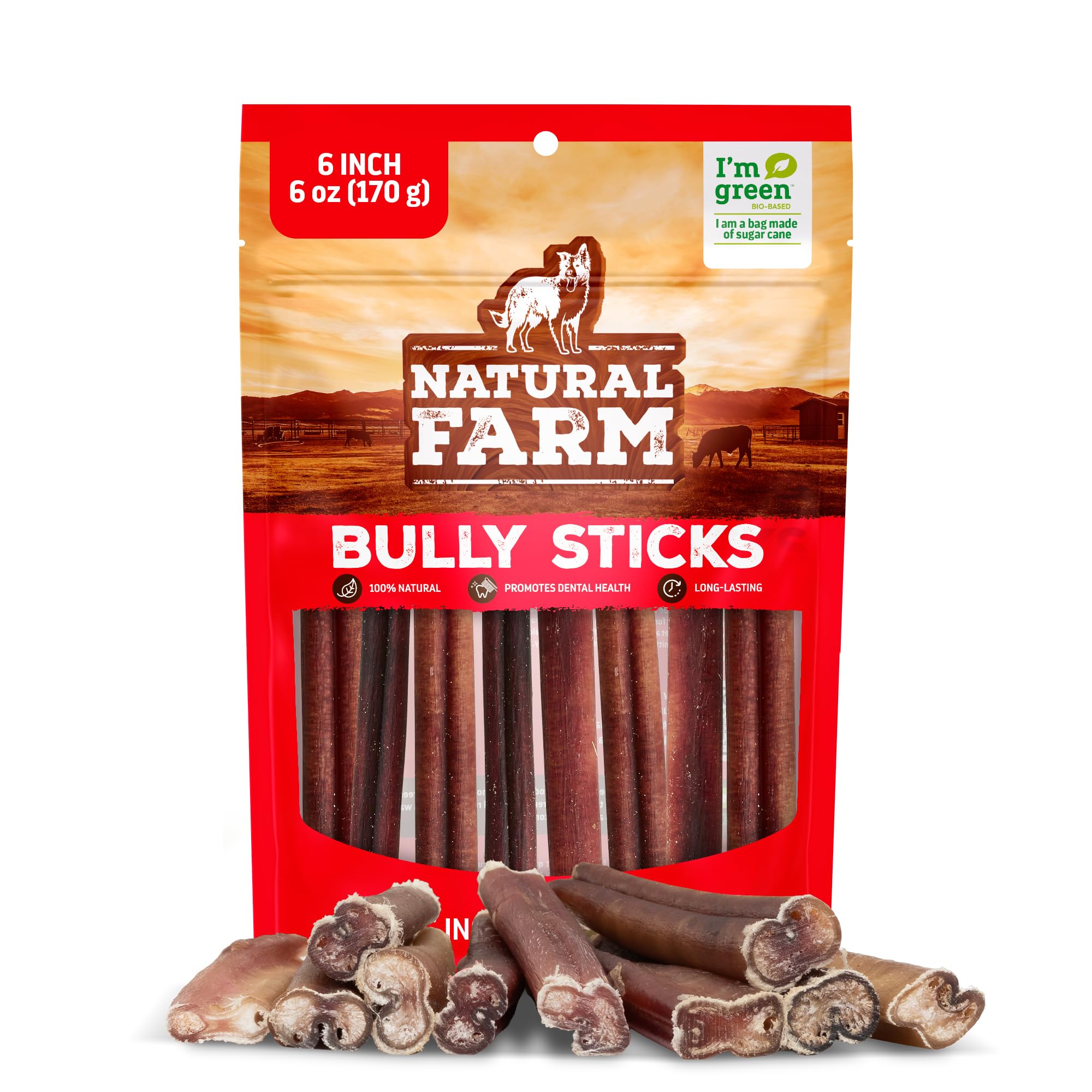 Natural Farm Odor-Free Bully Sticks (6 Inch, 6 Ounces), Packaged by Weight, 100% Beef Chews, Grass-Fed, Fully Digestible Treats to Keep Your Puppies, Small and Medium Dogs Busy